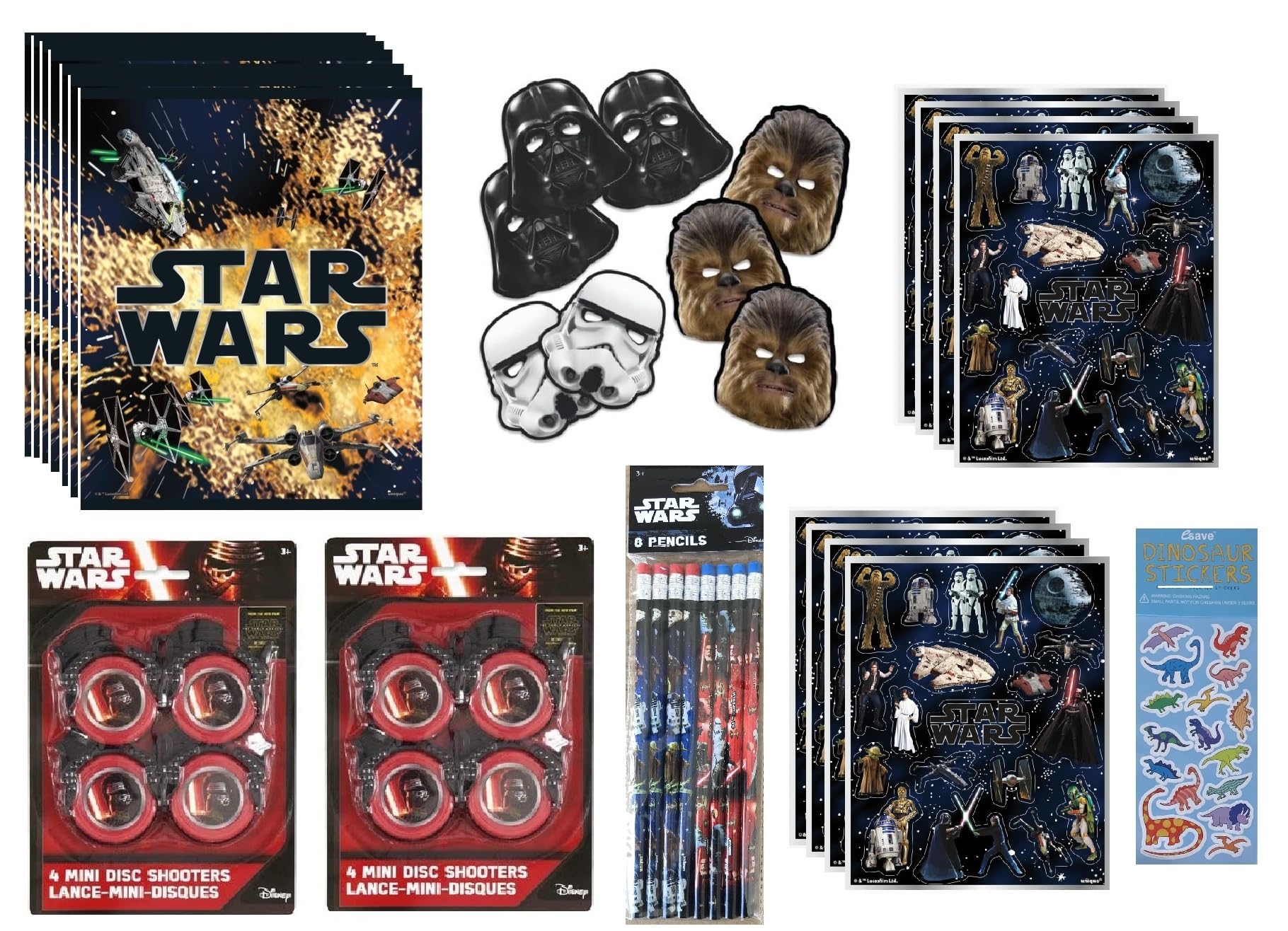 Unique Star Wars Birthday Party Supplies Favor Bundle Pack includes Loot Bags, Bracelets, Mini Disc Shooters, Pencils, Sticker Sheets - for 8 Goody Bags