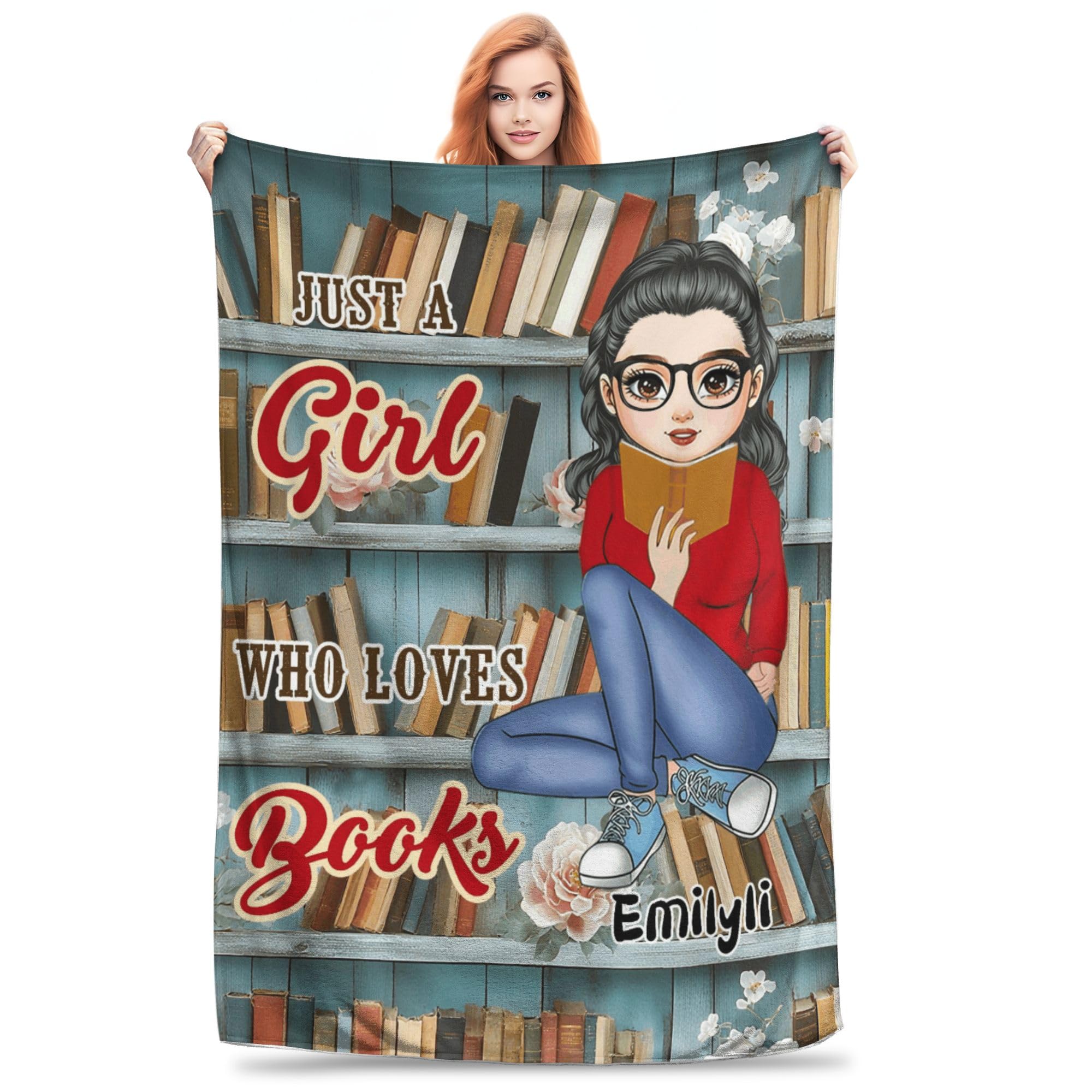 MYZQIFF Custom Name Just A Girl Who Loves Book Reading Throw Blanket, Personalized My Reading Book Wearable Hooded Blanket, Books Lovers Gifts for Read Bookish, Bookworm Literary Gift
