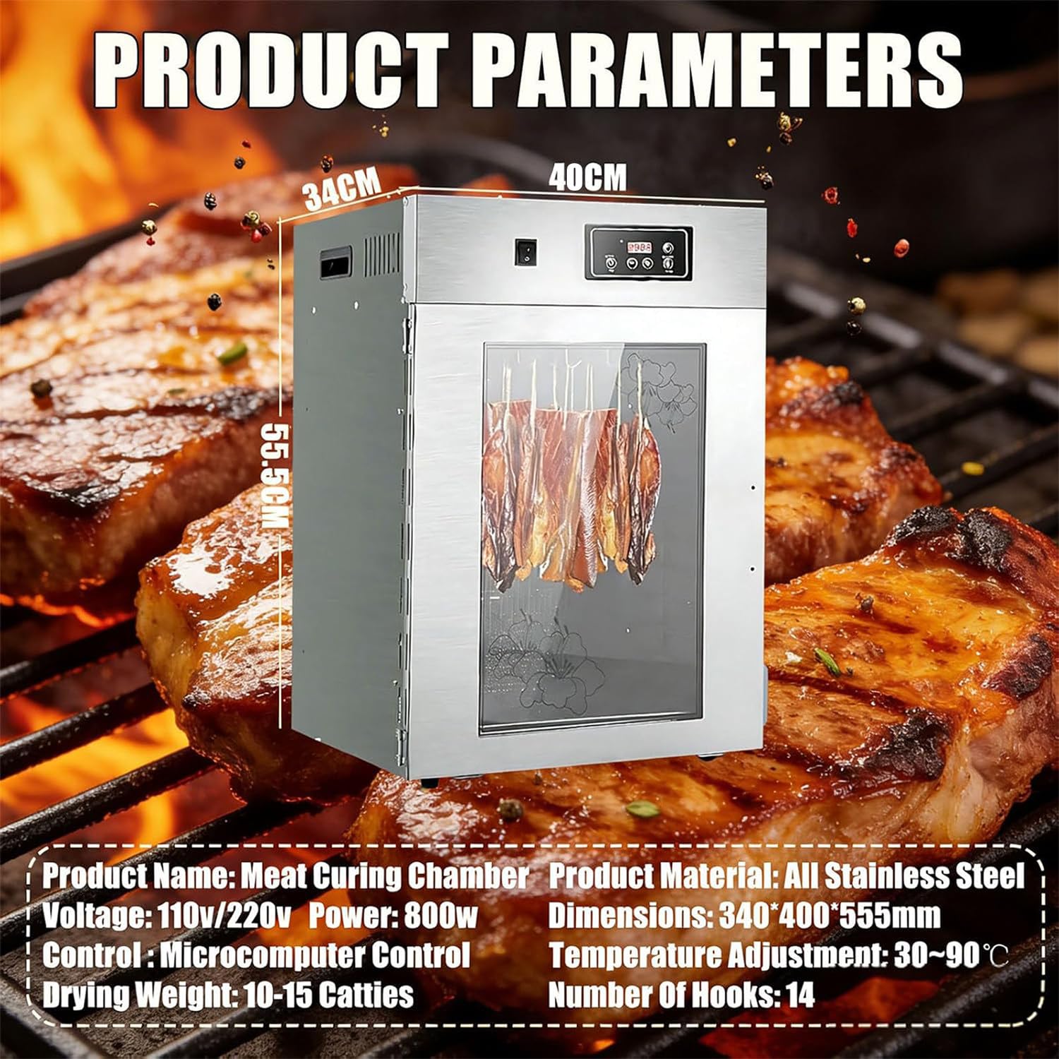 Séchoir Alimentaire Domestique 800W, Séchoir à Viande Rotatif à 360°, Chambre de Séchage pour Viande, Déshydrateur Alimentaire, Armoire de Séchage, Température de 30 à 90℃, Minuterie 24H