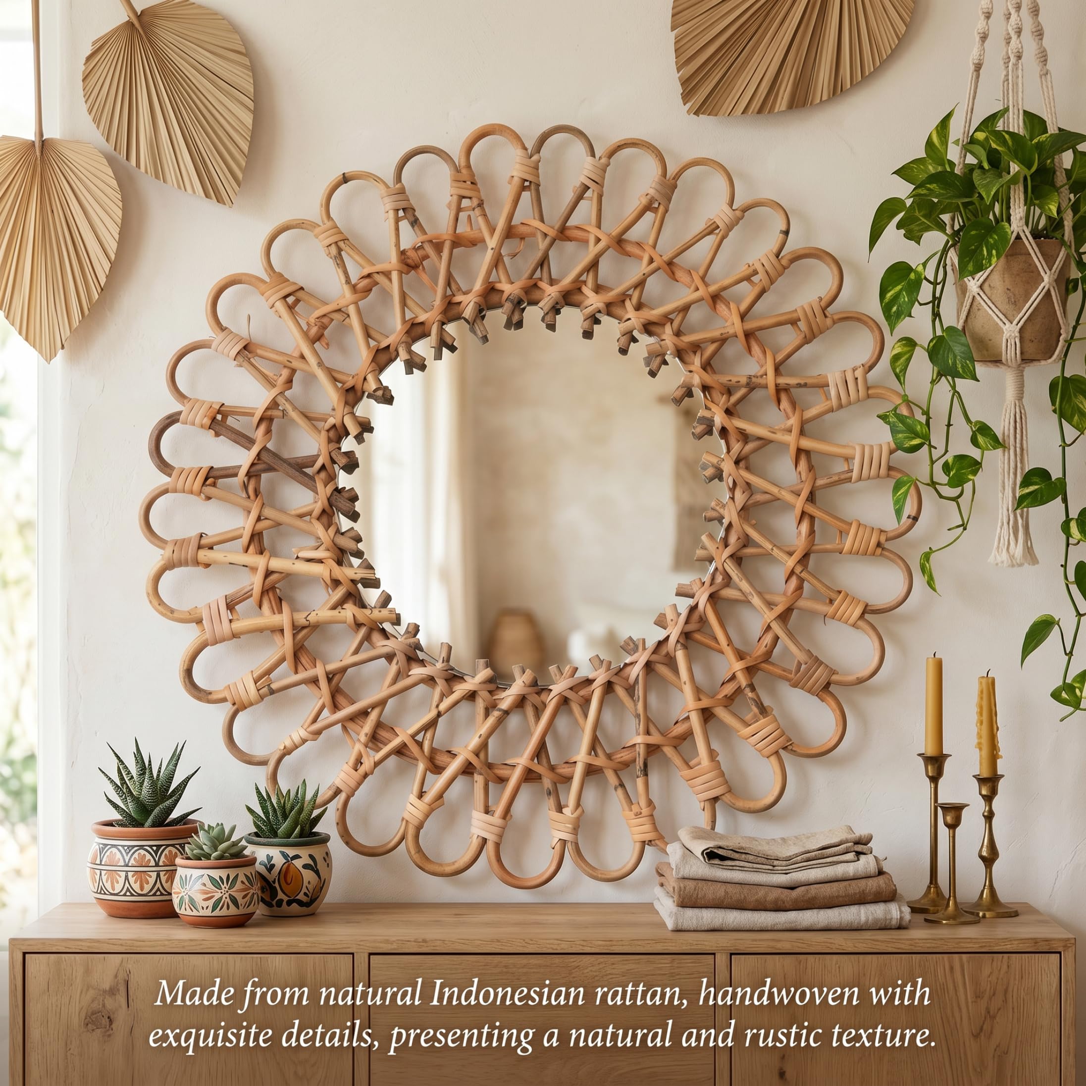 Specchio in rattan intrecciato a mano, arredamento per la camera Boho kaki Arredamento per la camera Boho Specchio decorativo in vimini