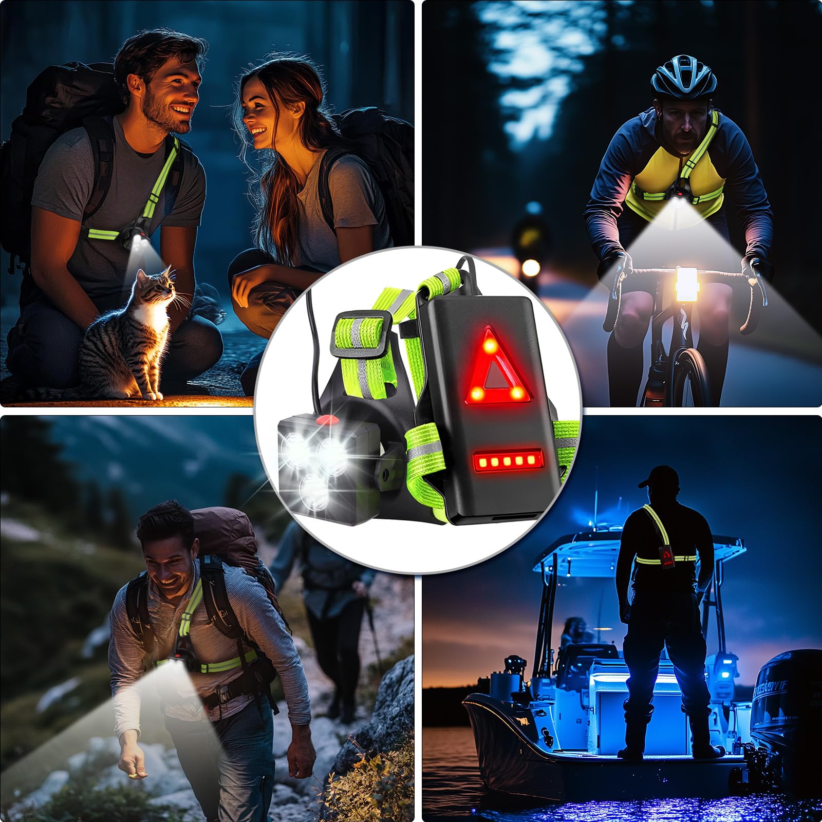 Luce Running Ricaricabile USB, 120° Luce Regolabile, 500 Lumen, Lampada Corsa con Nastro Riflettente per Jogging, Campeggio, Sport all'Aria Aperta