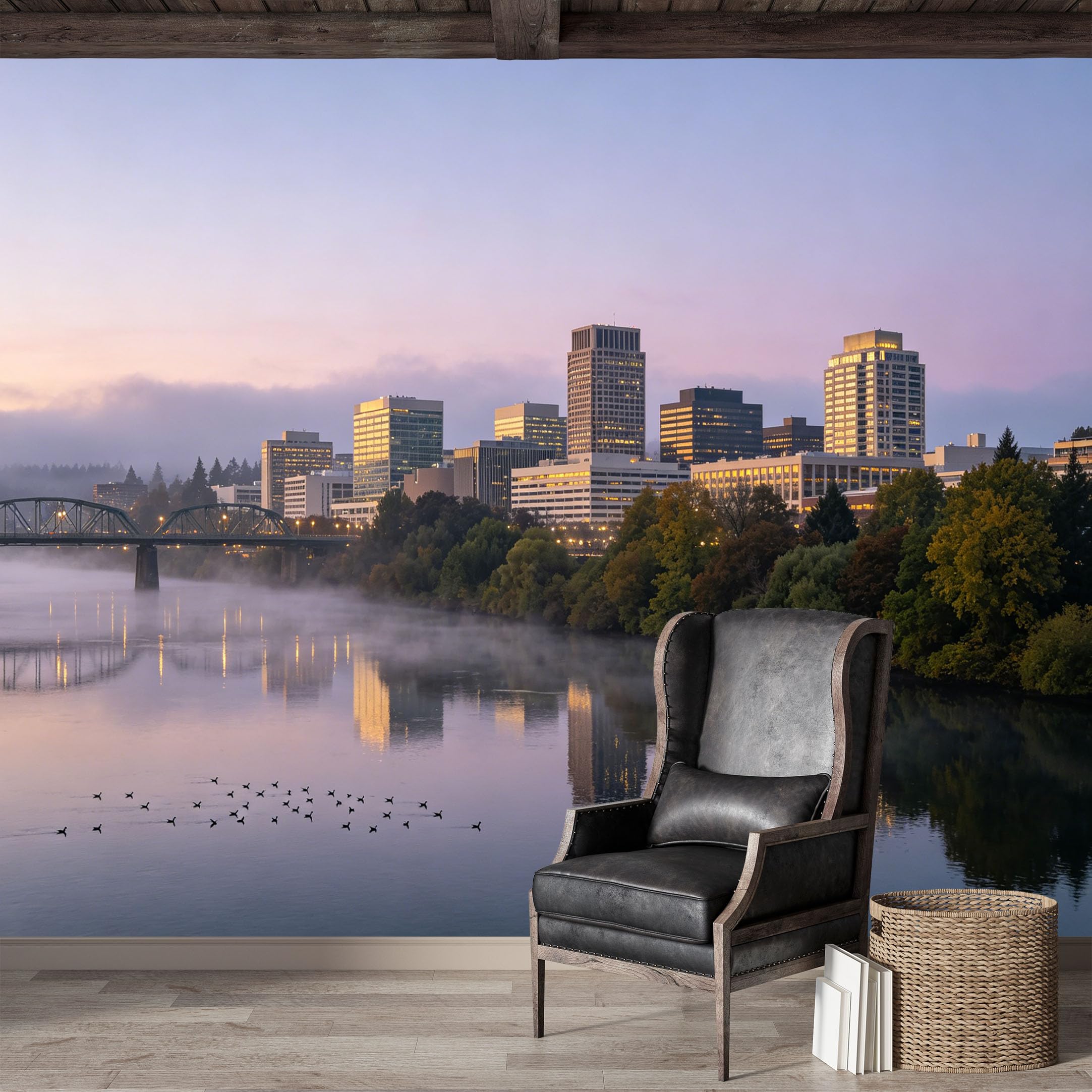 Custom Size Wall Mural,Misty River Cityscape Morning Landscape Premium Water Activated SelfAdhesive Wallpaper,Removable Wall Covering,Easy DIY Install Wall Art for Indoor Home Decor