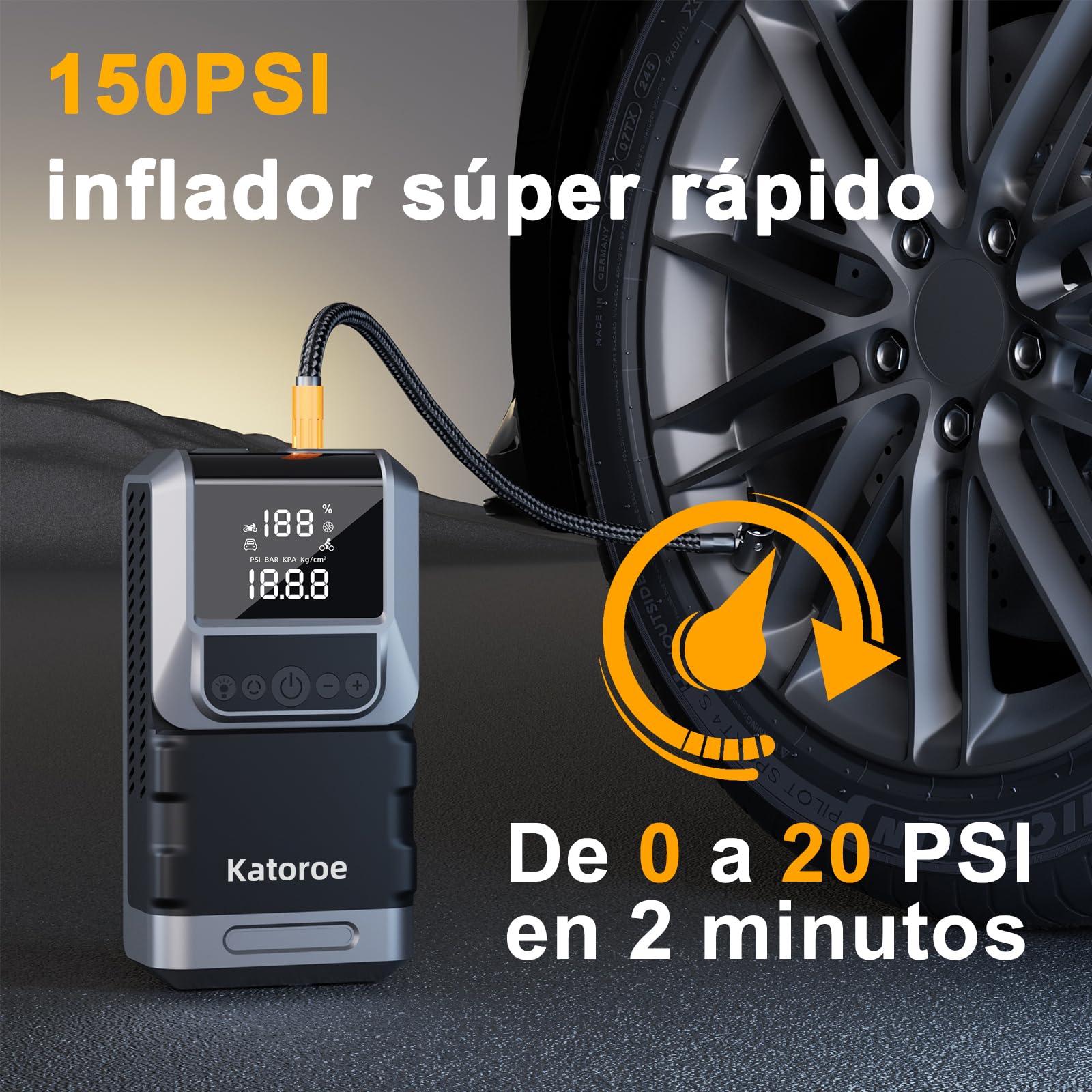 Arrancador de Coches 6000A con Compresor, 150PSI Inflador de Neumáticos, Arrancador de Baterias de Coche(10L Gasolina o 8L Diésel), 12V Jump Starter con Pantalla LED, Luz de Emergencia