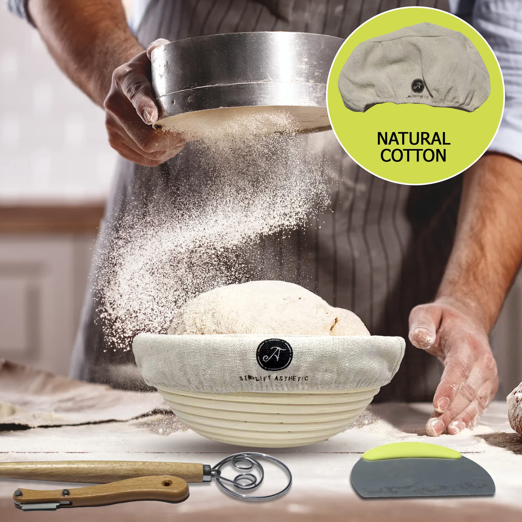 Banneton Brotgärkorb-Set – Brotbackzubehör – Brotbackzubehör – Brotbackwerkzeuge und Zubehör – Gärkörbe für Sauerteig, Brotbacken, Set von 7.6–22.9 cm, rund, 38.1 cm, Baguette mit 4 Backwerkzeugen