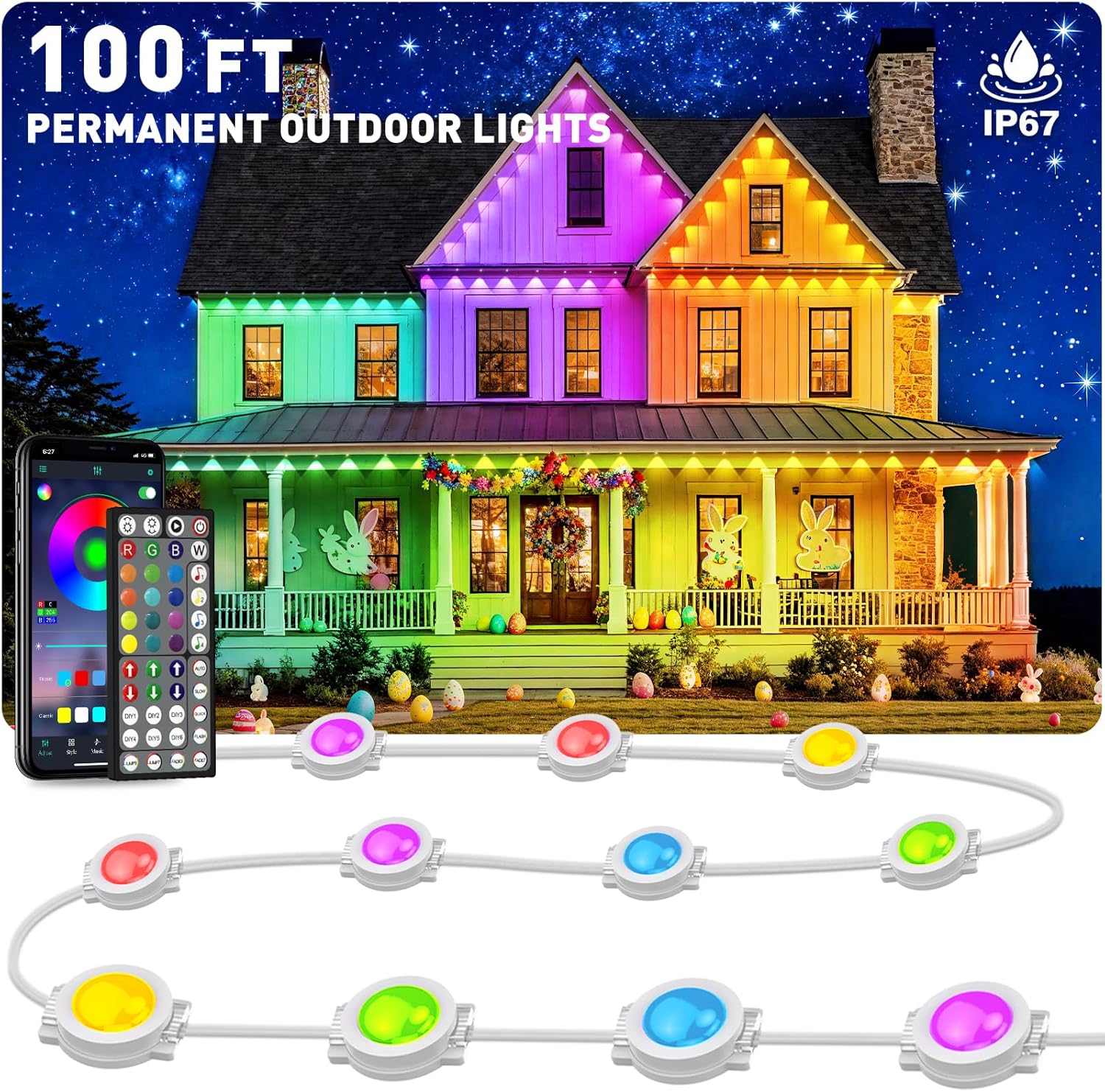100FT Permanent Outdoor Lights, IP67 Waterproof,for House Roof, Christmas, Holiday, Party, Daily Lighting, Smart RGB Outdoor Lights with Remote APP Control & DIY Scenes
