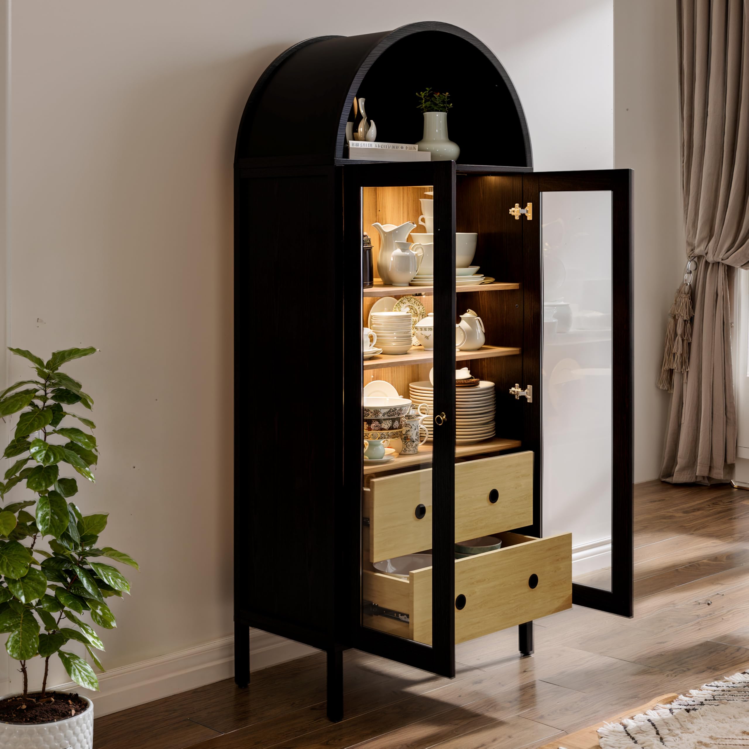 71.26" Tall Arched Kitchen Pantry Cabinet, Hutch Cabinet with Storage with 2 Large Drawers and Adjustable Shelves, Modern Versatile Kitchen Cupboard, Dining Room, Black