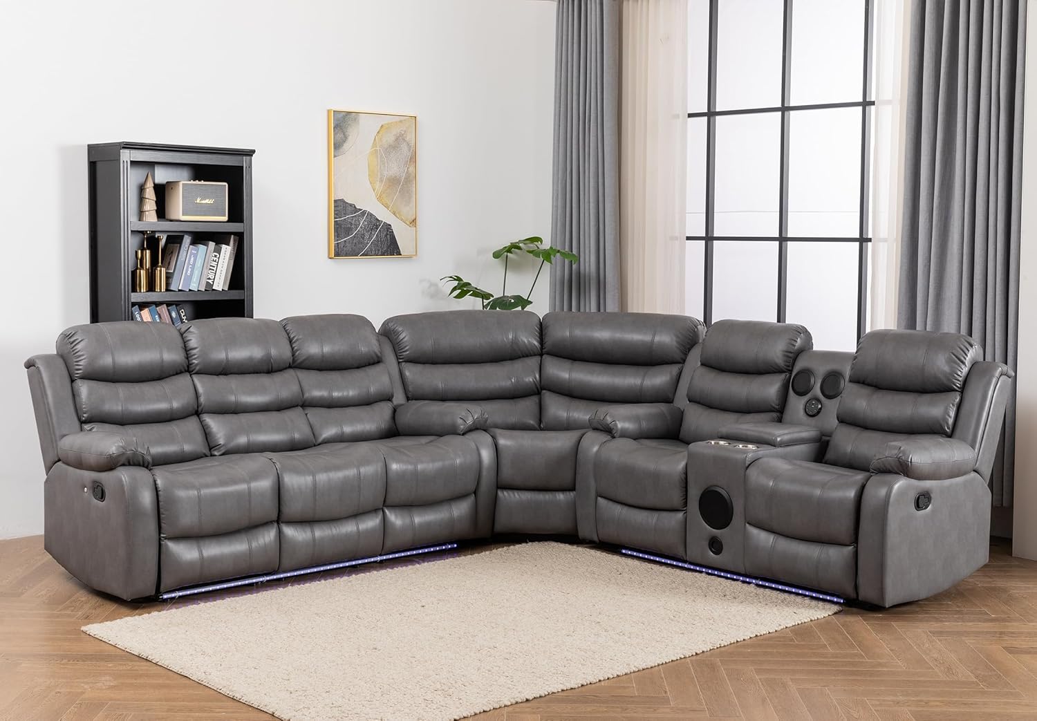 Recliner Sectional Sofa Couches with LED Light for Living Room Home Theater with Cup Holders Console Table Storage,Grey COMES WITH WEDGE AND LOVESEAT