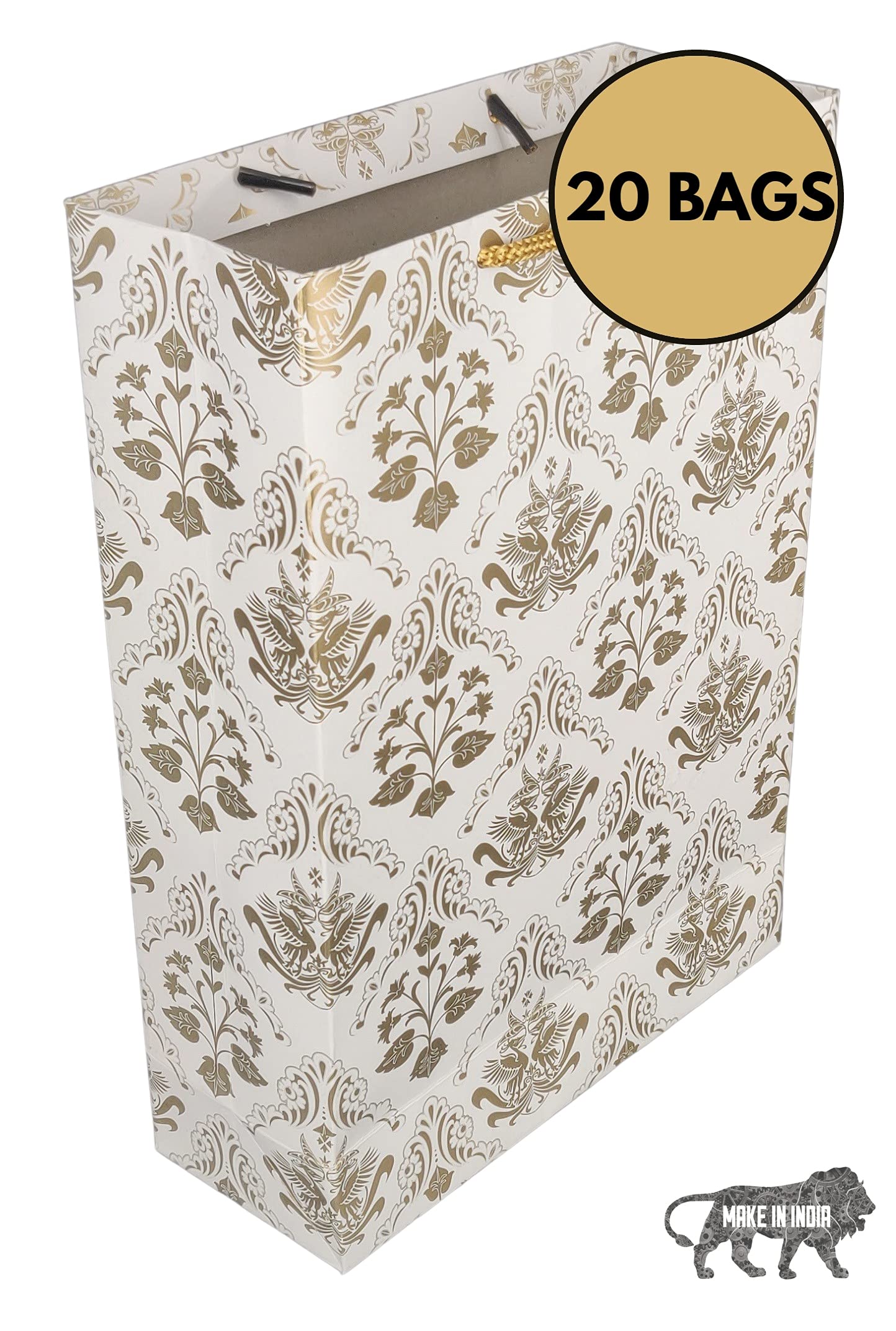 Arrow Paper Products Golden Bird Design Paper Gift Bags for Gifting, Weddings, Birthday, Holiday Presents (20.32 x 7.62 x 27.94 cm) Pack of 20 1