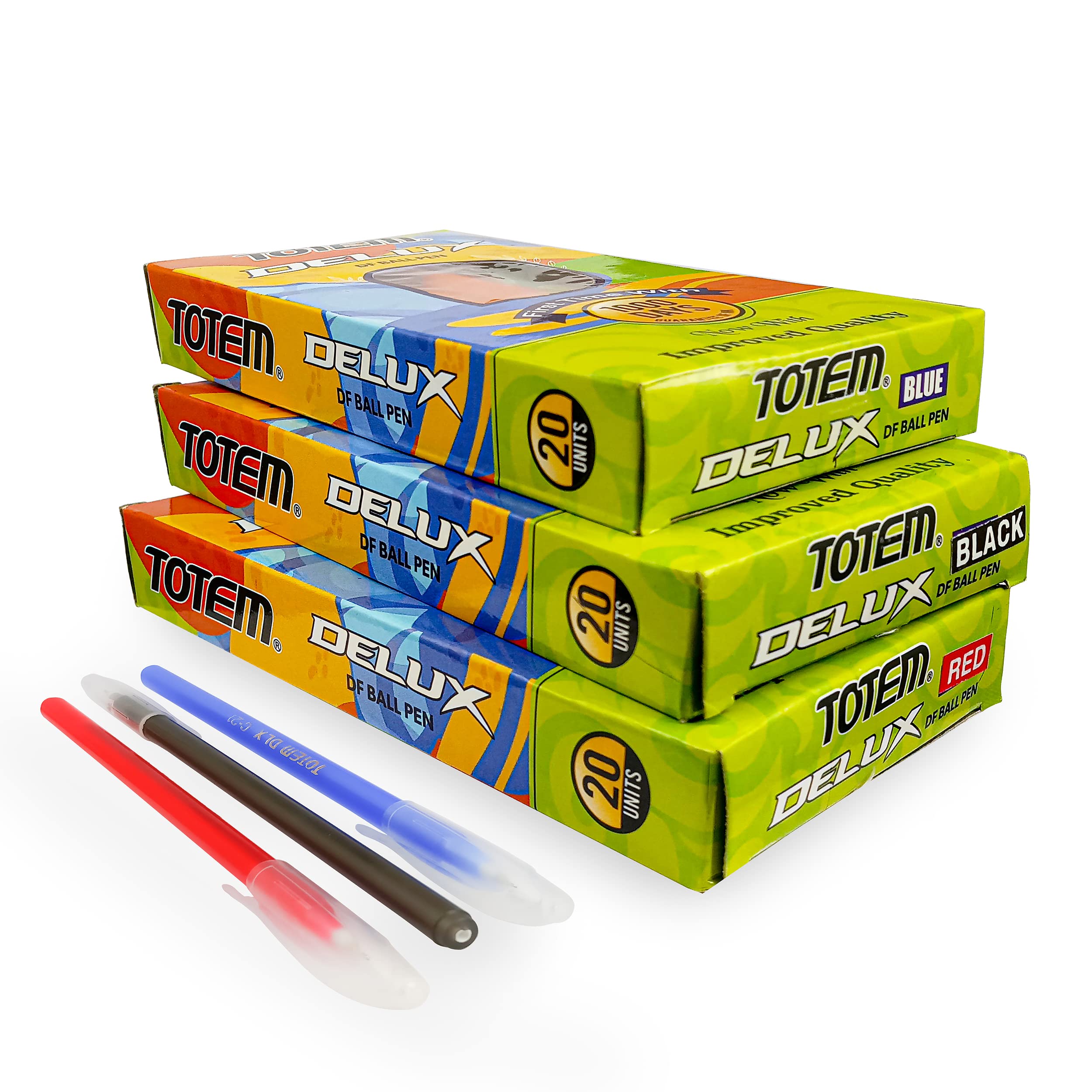 TOTEM Delux Ball | 60 Pens (20 Blue Ink, 20 Black Ink & 20 Red Ink) | Use and Throw Pen | For One Time Use | Pen for Writing | Smooth Flow of Ink | Stationery Items | Pens for Studnets