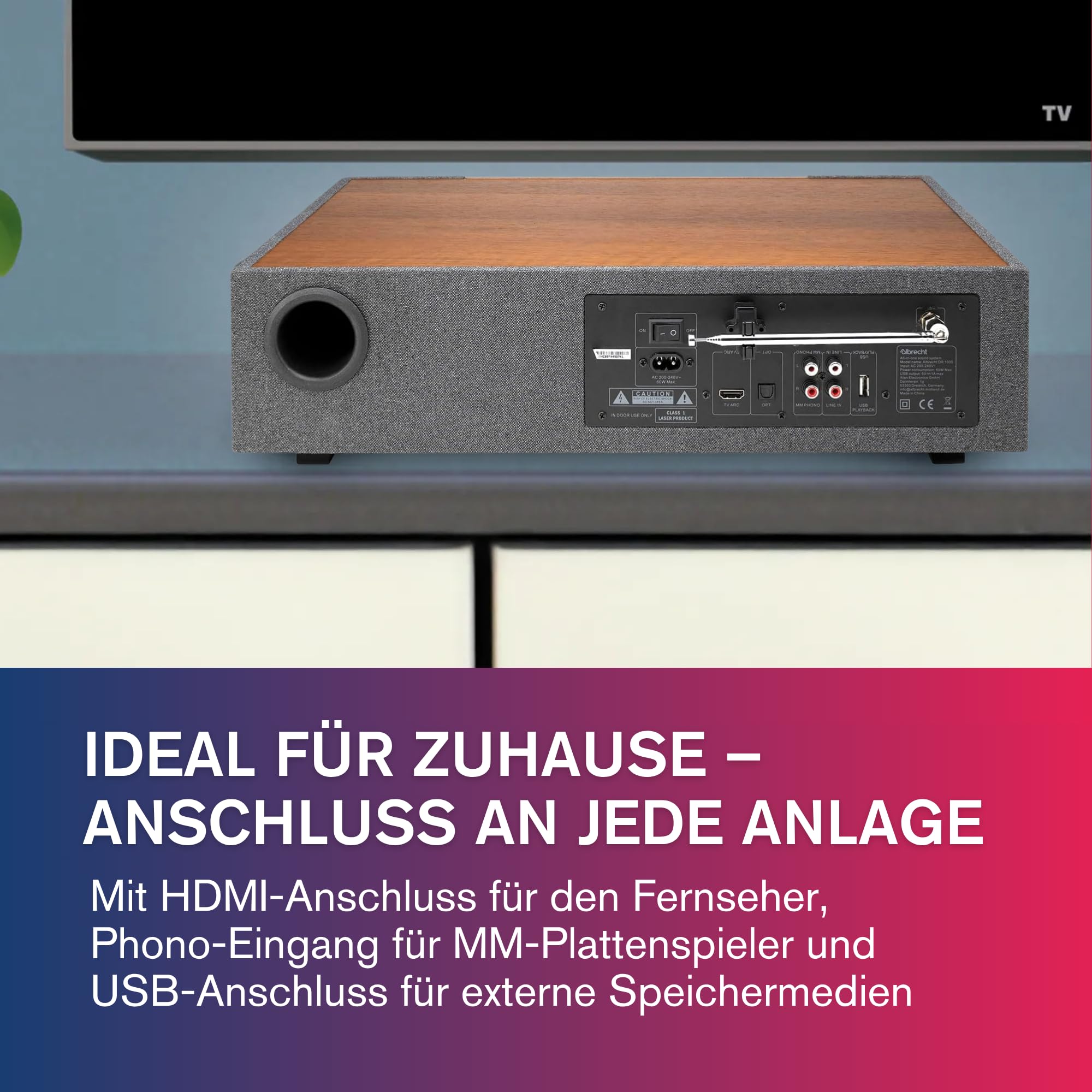 Albrecht DR 1000 All-In-One Soundsystem, Soundbar 2.1 mit 30 Watt Subwoofer, Clear-Voice, Internet-Radio, DAB+, CD-Player, Musik-Streaming, HDMI, braun/grau
