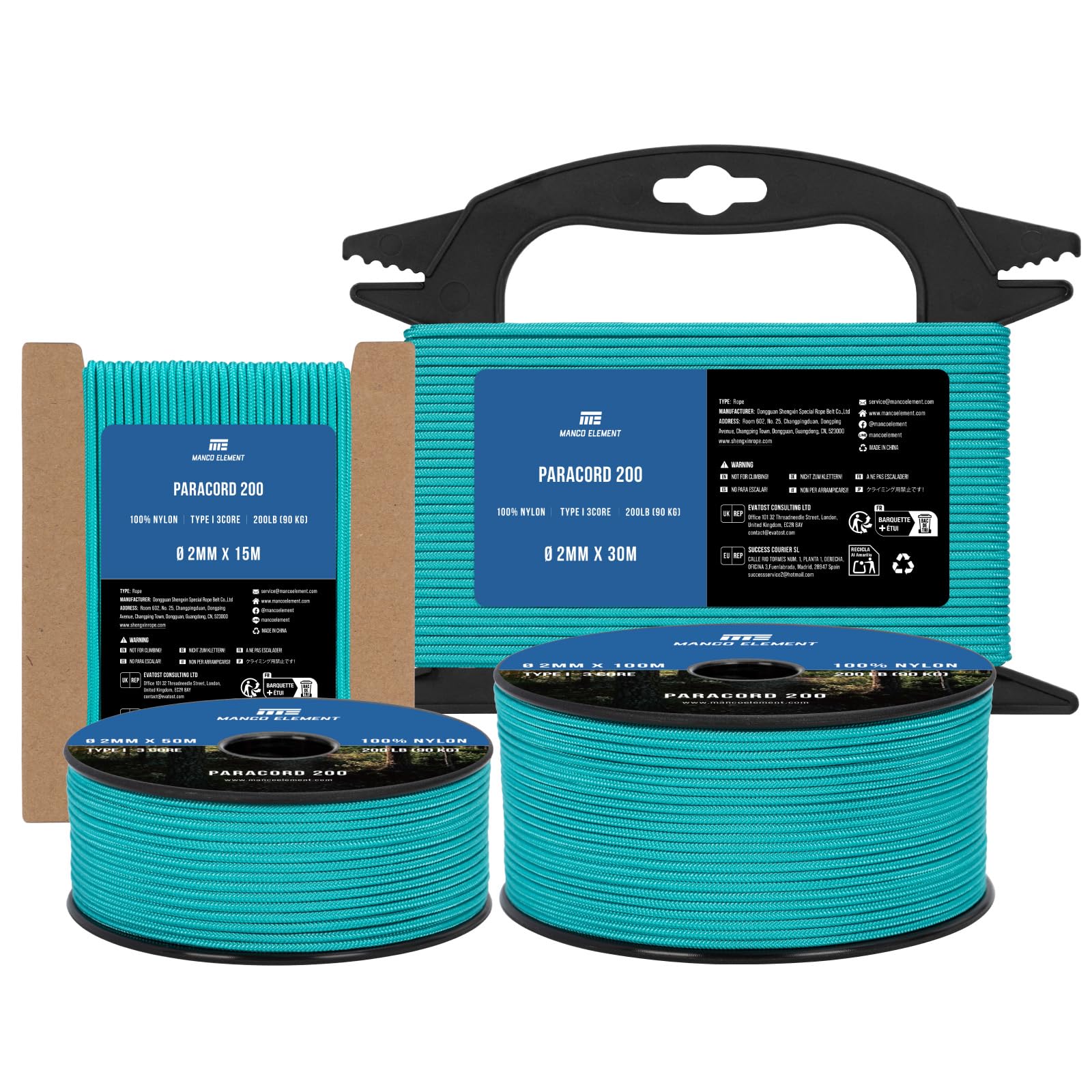 Manco Element Paracord 2mm 15m 3 Strands Type I Turquoise | 100% Nylon Parachute Cord Rope | 90KG Load Capacity - Ideal for DIY, Crafting, Outdoor, Camping