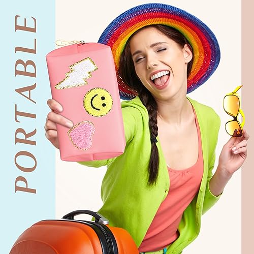 Miniatura 6 de Silkfly 15 piezas de parche Preppy bolsa de maquillaje de letras de chenilla bolsa de cosméticos bolsa de aseo sonrisa rayo corazón PU pequeño