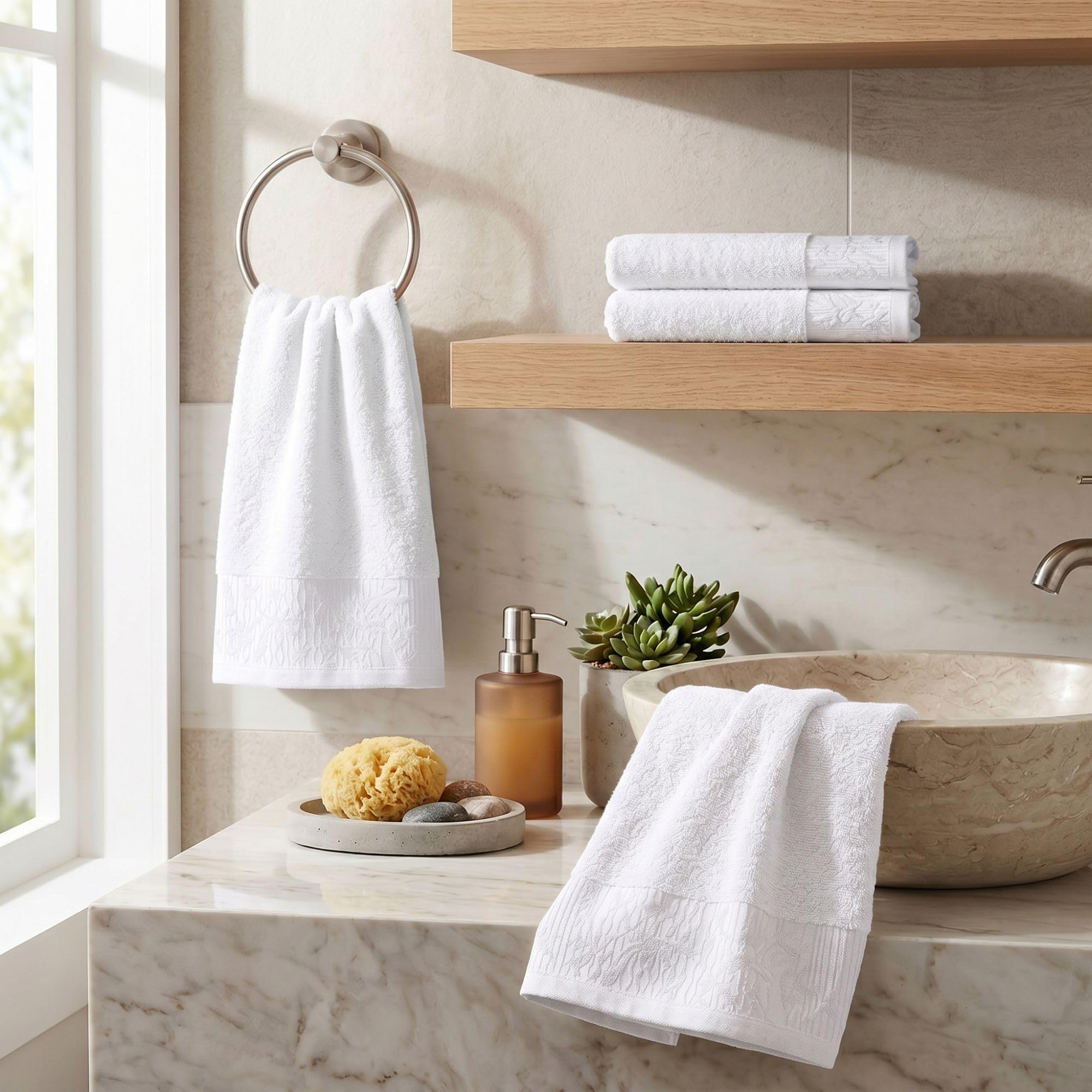 Superior Asciugamani in cotone (set da 4), bordo jacquard floreale, peluche, morbidi asciugamani per spa, palestra, bagno, cucina, arredamento, base per la casa, asciugatura quotidiana, collezione