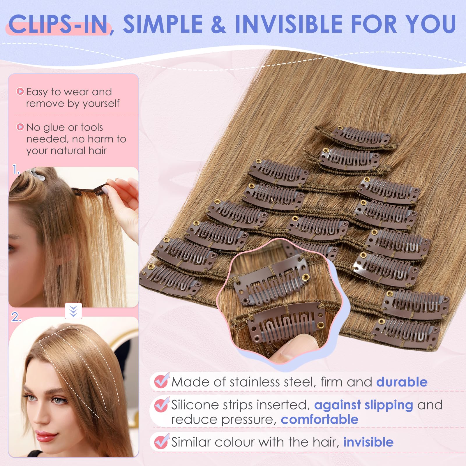 Elailite Hair Extension Real Human Hair Clip in Remy Natural Hair, 8 Pieces (Thin Weft) Full Head Straight, #27 Dark Blonde - Image 3