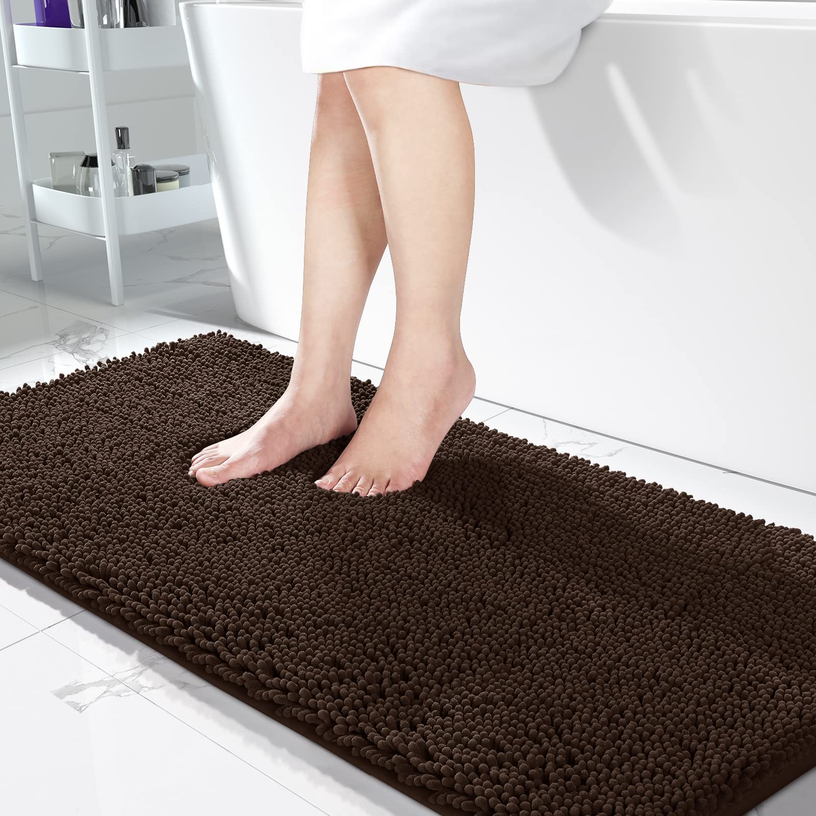 Yimobra Plush Bathroom Rug Microfiber Luxury, 44.1 X 24 Inches, Bathmats Washable, Soft Shaggy Bathroom Shower Rug, Super Absorbent & Thick Durable, Non-Slip, Chenille Bath Mats for Bathroom, Brown