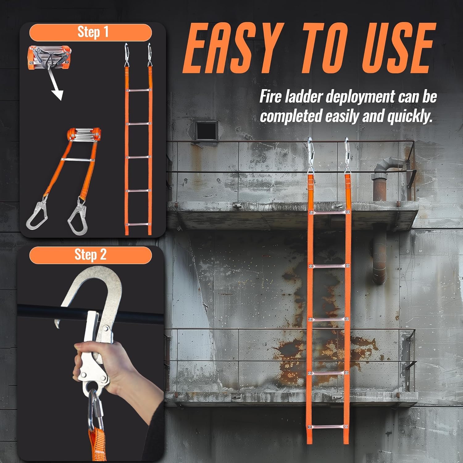 HEYOUTH Strickleiter,Fluchtleiter,Strickleiter Rettungsleiter, Feuerleiter Fluchtleiter,Universelles Befestigungssystem,Faltbar,für Balkon & Fenster,Gewicht von bis zu 450 kg (15m)