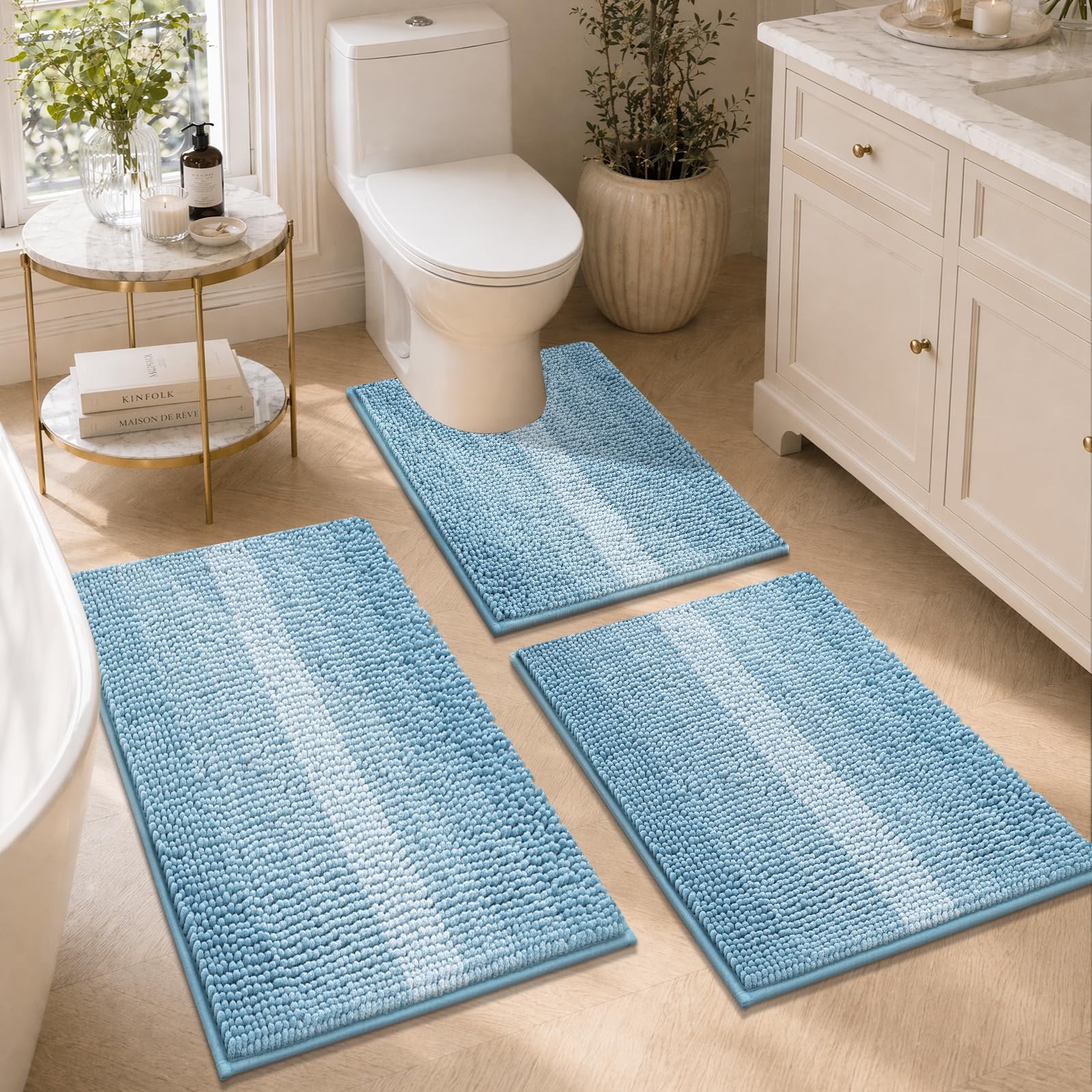Homodeco Bath Mat Sets 3 Piece Non-Slip Bathroom Mats, Microfiber, Blue
