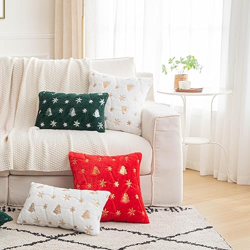 Miniatura 5 de Juego de 2 fundas de almohada decorativas de Navidad rojas de 18 x 18 pulgadas, fundas de cojín cuadradas de piel sintética para sofá, sala de estar