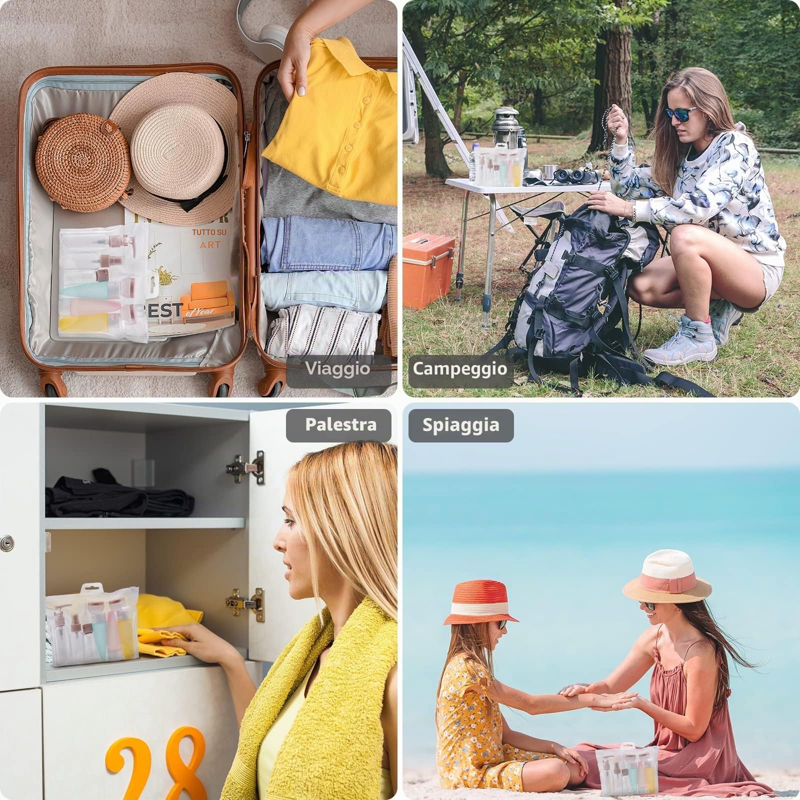 Carehabi Set di 11 kit viaggio liquidi, contenitori viaggio aereo 30/50/60/80 ml, piccole lattine di crema, flacone spray trasparente, erogatore di pompa shampoo, accessori viaggio per prodotti bagno