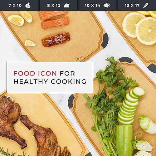 Miniatura 9 de Essential Series Tabla de cortar para cocina, compuesto de fibra de madera natural, apta para lavavajillas, ecológica, ranuras para jugos, pies