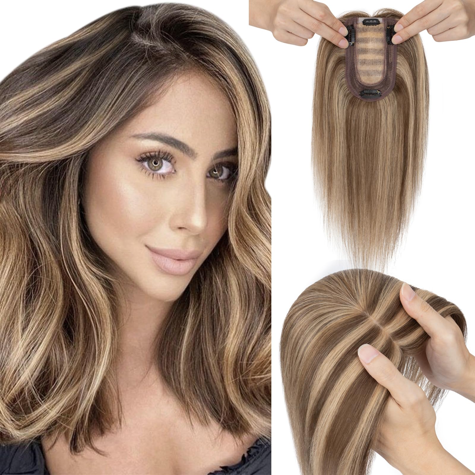 Elailite Hair Toppers for Women Real Human Hair Topper Thinning Thin 5.1"x2.8" Silk Base Clip in Remy Hairpieces 12 Inch Chocolate Brown mix Dark