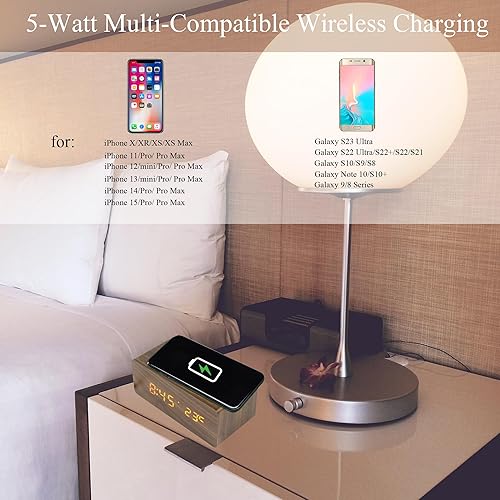 Miniatura 4 de FTEOYEL Reloj despertador digital de madera con carga inalámbrica, 3 ajustes de alarma y pantalla LED de atenuación de 3 velocidades, puerto de
