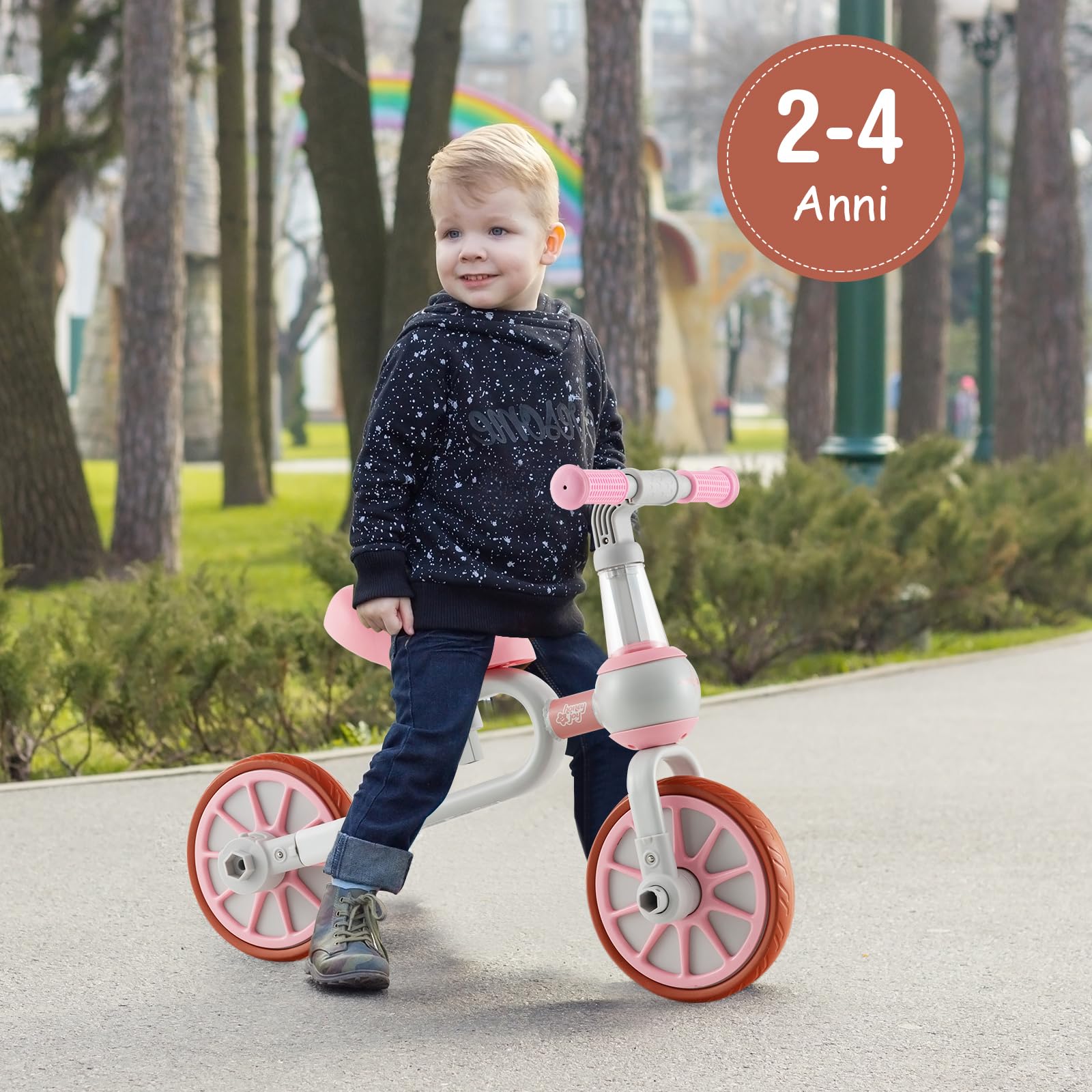 RELAX4LIFE 4 in 1 Triciclo per Bambini con Maniglione, Altezza Sedile a 2 Livelli, Maniglia di Spinta Regolabile e Pedali Rimovibili, Bicicletta Equilibrio per Bambini 2-4 anni (Rosa)