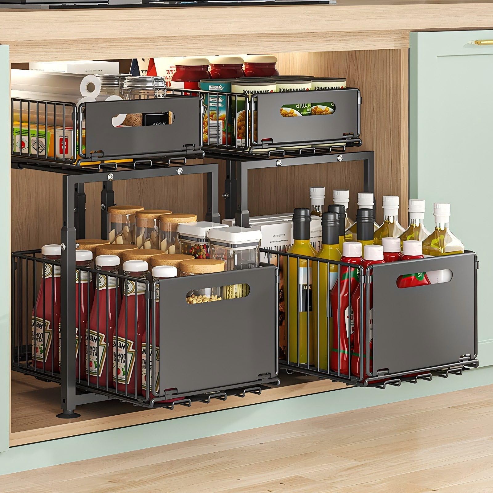 Sottolavello Cucina Salvaspazio in Metallo a 2 Livelli Estraibile, Multiuso Sottolavello per Bagno, Portaspezie Organizzatore Stabile e Compatto