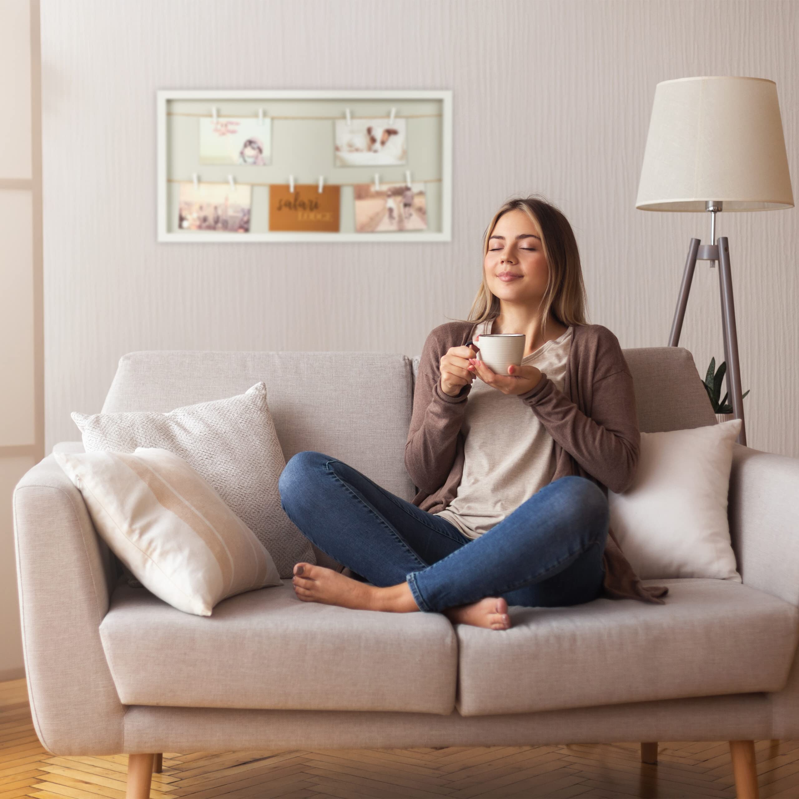 Relaxdays Portafoto con Mollette e Fili, 10 Pinze, per Appendere Foto e Cartoline, Bacheca da Parete, Bianco Grigio