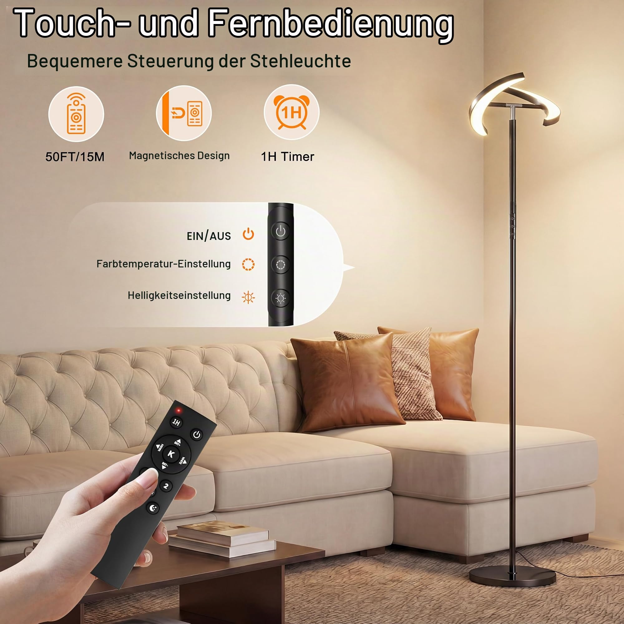 Stehlampe Wohnzimmer, Mukuxin 36W Deckenfluter mit Fernbedienung & Touch-Steuerung, 3000-6000K 2600lm Stehlampe mit 2 Leuchtenköpfen, Moderne Dimmbar Standleuchte für Wohnzimmer Schlafzimmer Büro