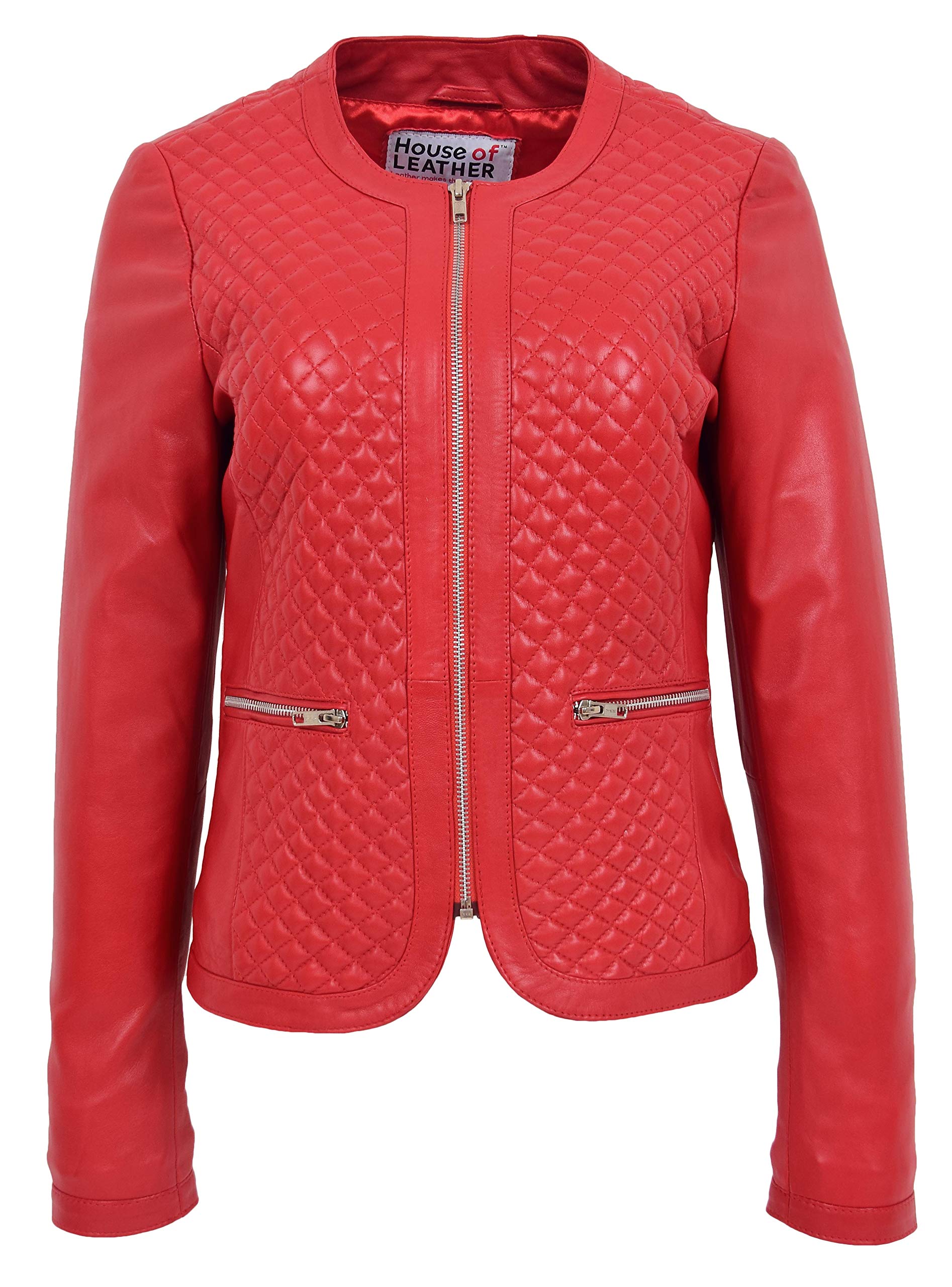 House Of Leather Women's Red Real Leather Collarless Jacket Quilted Design Joan (20, )