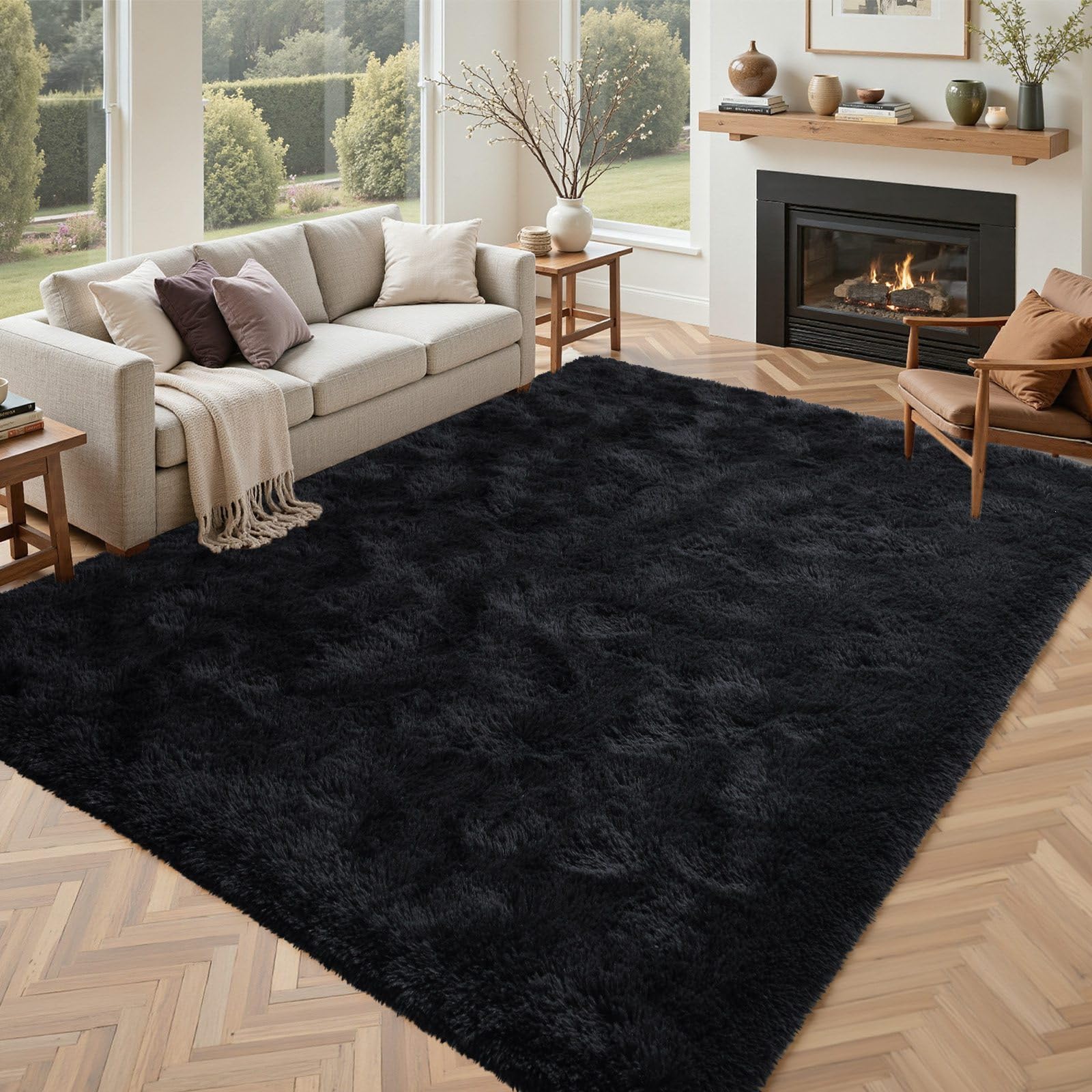 Black Rugs for Living Room Fluffy 4x6 ft Bedroom Rug Non-Slip Area Rugs Shag Carpet for Nursery Kids PlayRoom Dorm Office Indoor Modern Plush Carpets Boys