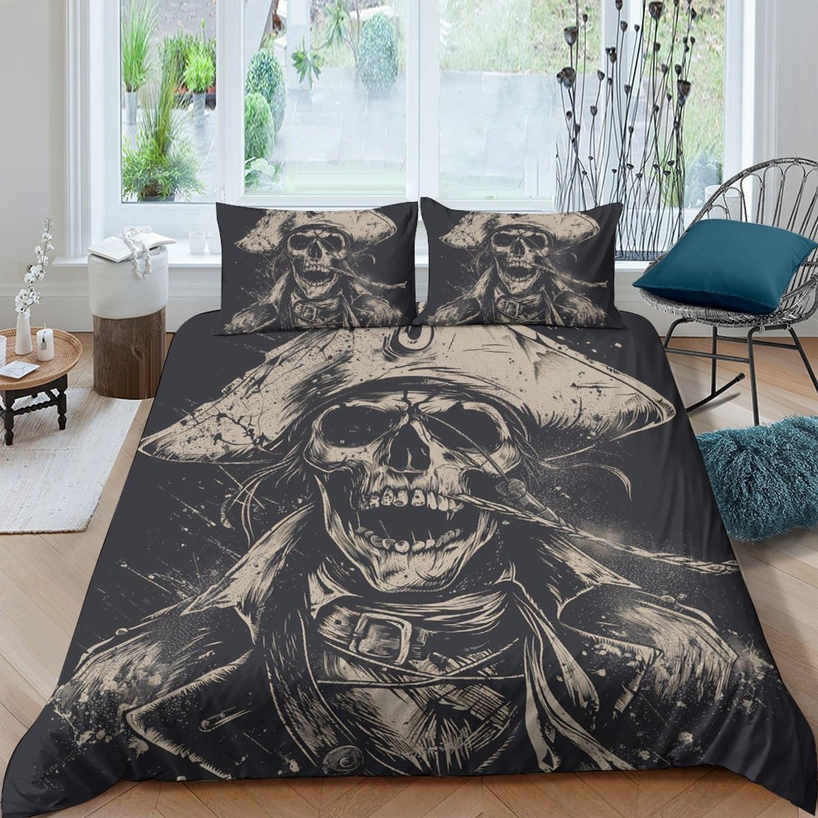 GPLZQXKJNH 3D Printed Pirate Skull Duvet Cover Microfiber Soft Breathable Skeleton Bedding Set with 2 Pillowcases for Bedroom Decor Single（135x200cm）