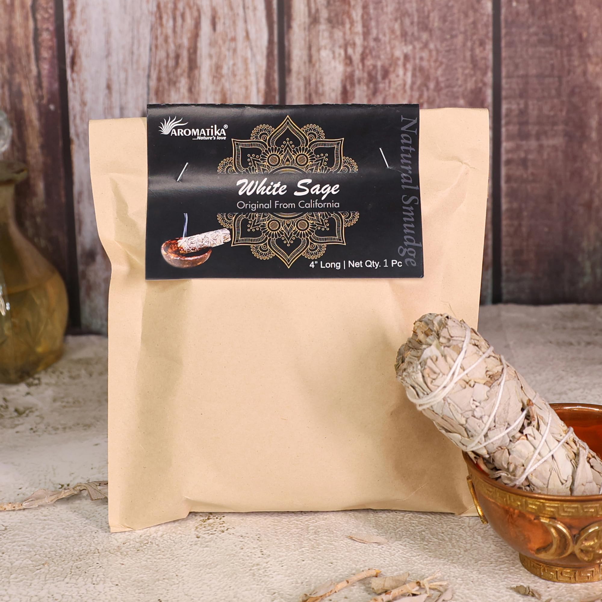 Aromatika Premium California White Sage Smudge, 4" Long Smudge Stick for Smudging Rituals, Energy Clearing - Pack of 1 (Approx 30 to 35g Each) 1