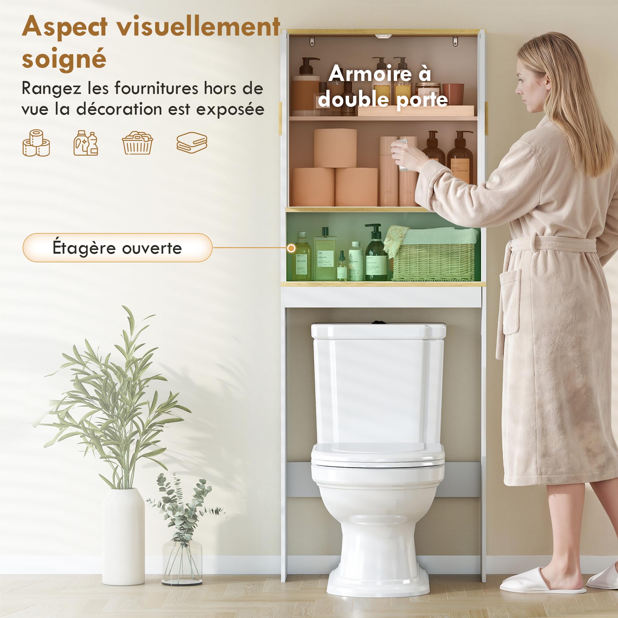 HOMCOM Meuble WC Rangement 3 Niveaux 64 x 20 x 170,5 cm Blanc et Chêne