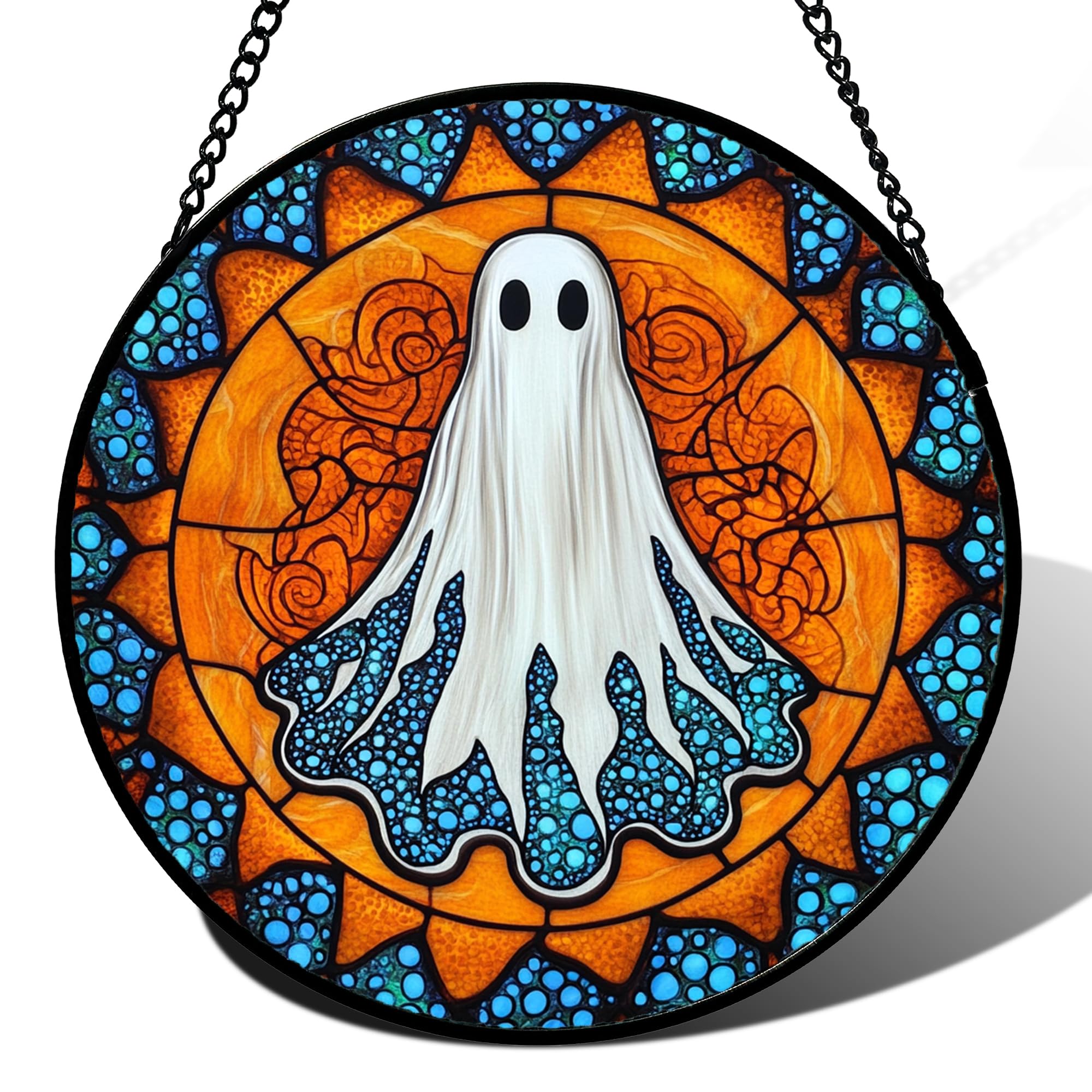 Stained Glass Window Hanging - Halloween Decorations White Ghost Suncatcher for Doors Garden Indoor Spooky Funny Blue Sun Catchers Gothic Decor Horror Gifts for Women Men Friend 6.3 in