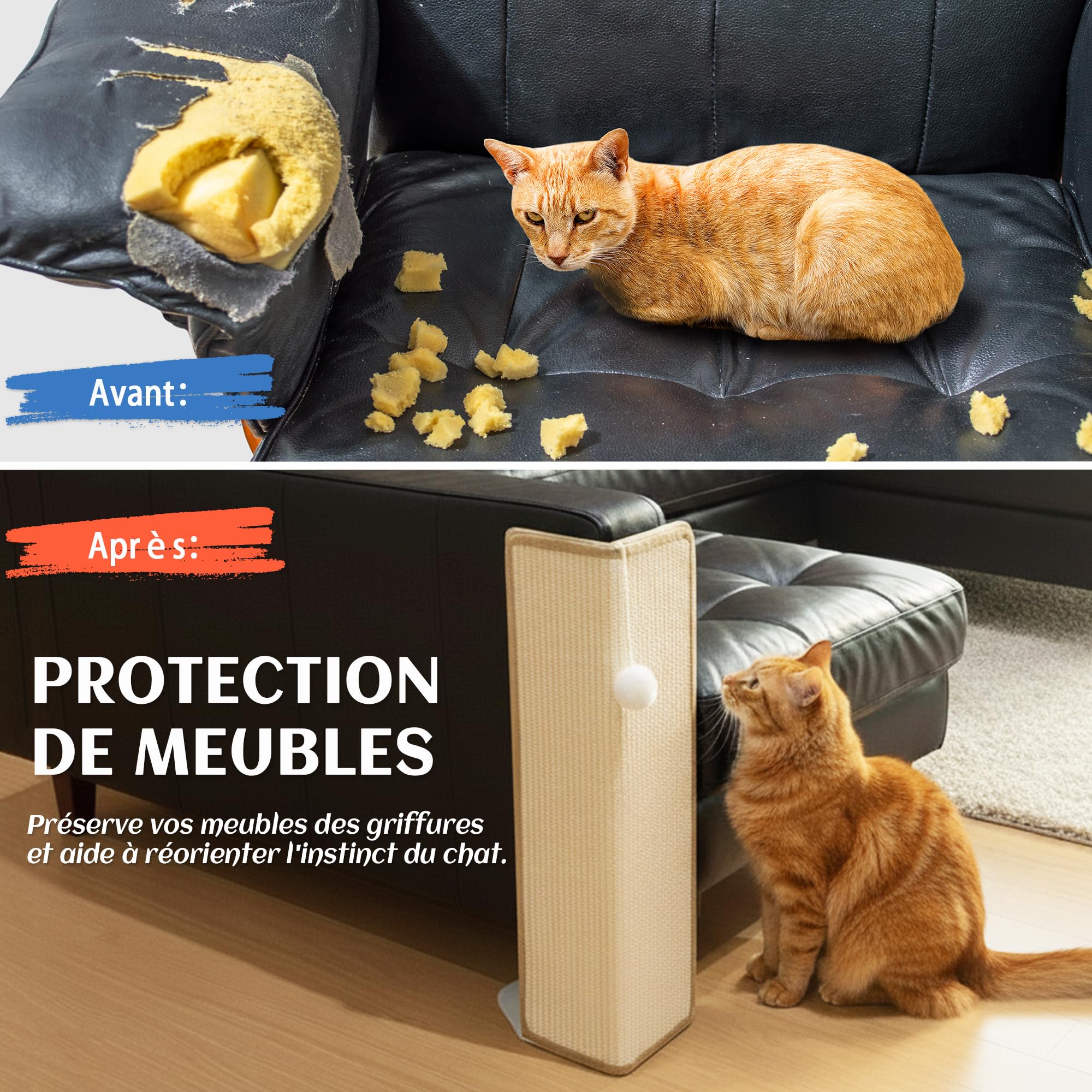 PETKARAY Under-Furniture Griffoir pour Chats, Poteau griffoir en sisal de 60 cm pour Angle de canapé, protège-Meubles pour canapé avec Balle Jouet
