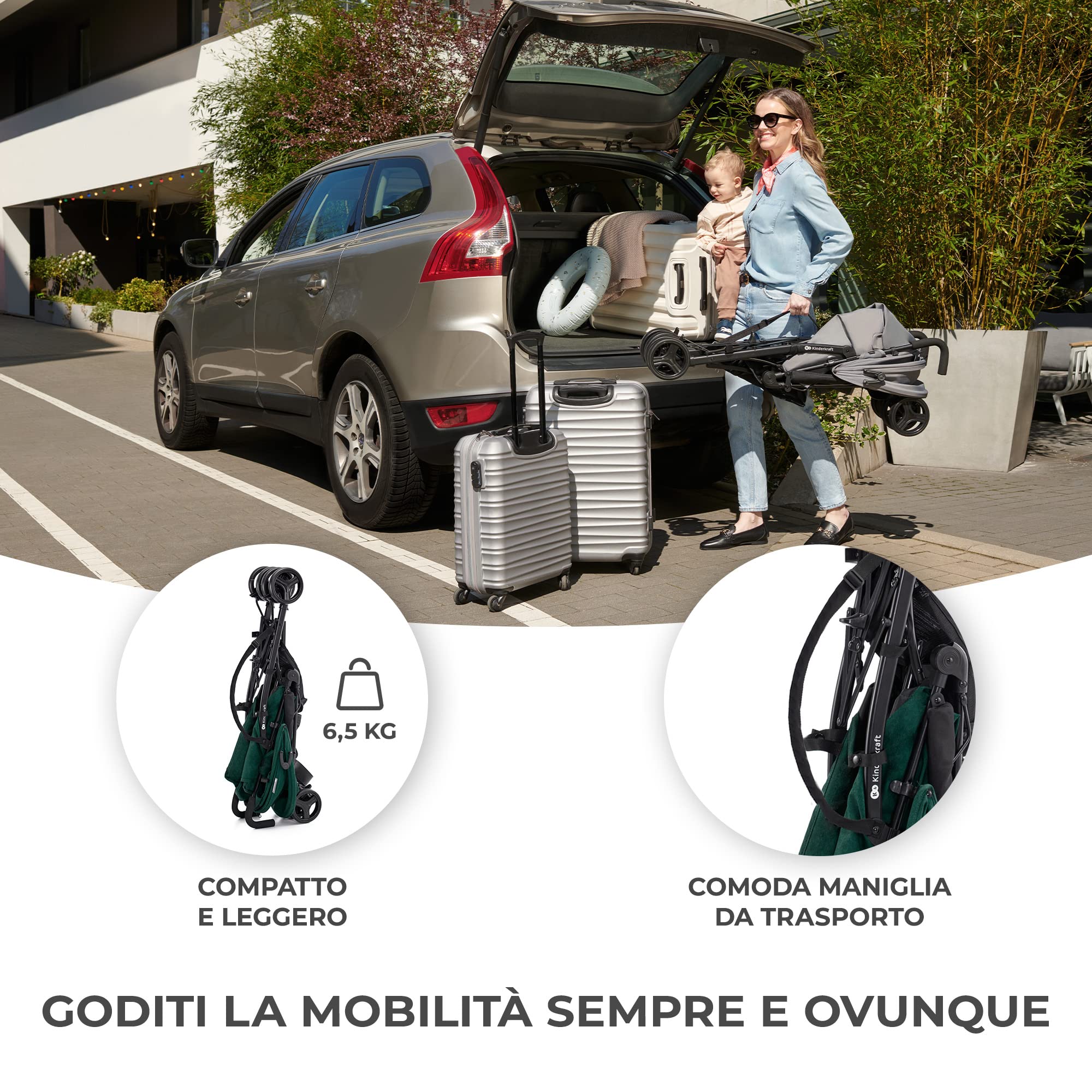 Kinderkraft TIK Passeggino Leggero, Solo 6,5 Kg, Passeggino a ombrello Passeggino Da Viaggio, Facile Da Piegare, Schienale Regolabile In Posizione Sdraiata, Copertura Antipioggia, Verde