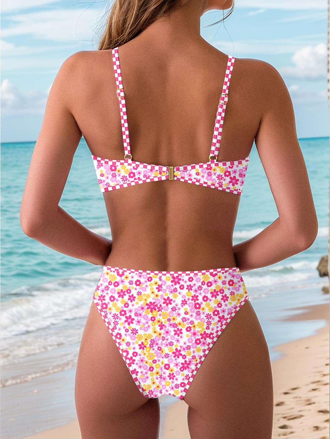 Tainehs Women's Two Piece Bikini Sets O Ring Front Top Ditsy Floral Triangle Swimsuits Cheeky Bathing Suit - Image 3