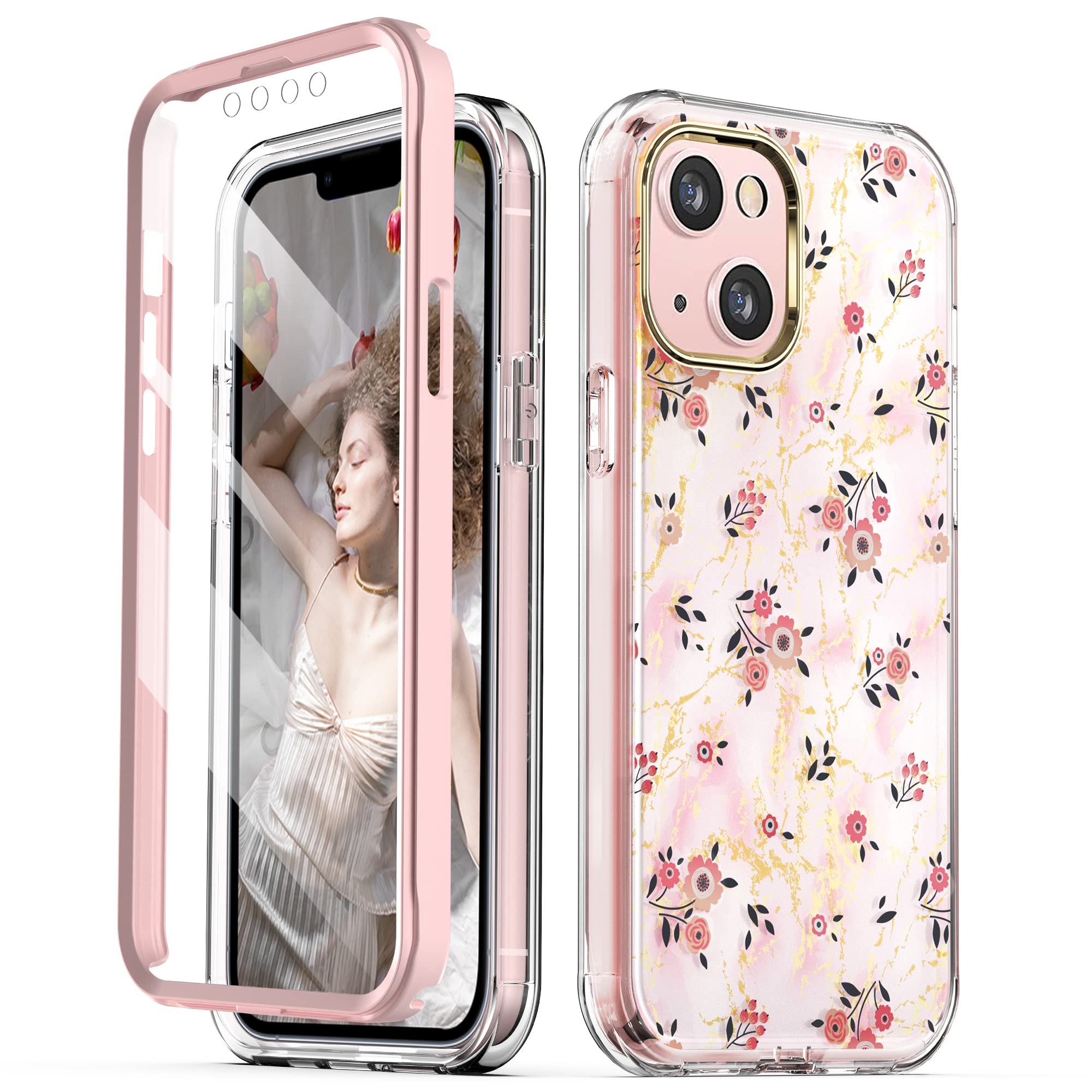 SKYLMW Case for iPhone 14/iPhone 13 6.1, with Built-in Screen Protector, 360 Full Body Protection Dual Layer Bumper Shockproof, Hard PC & Soft TPU Marble and Flower Pattern Cover for Women Girls, Pink