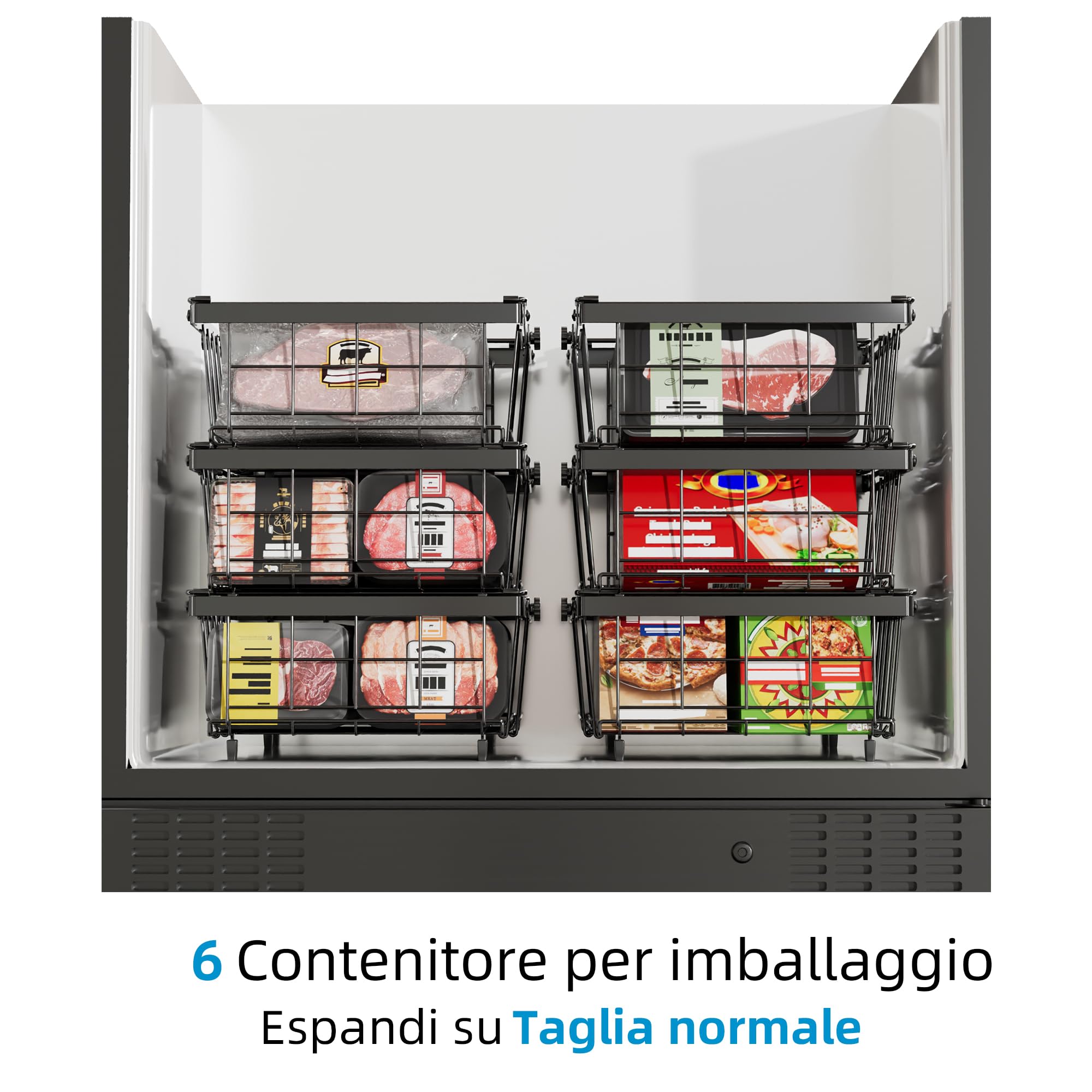 2 Pezzi organizer per congelatore,organizzare freezer pozzetto,cesto per congelatore,cesti metallo,Impilabile，Lunghezza regolabile 29-46CM，Nero