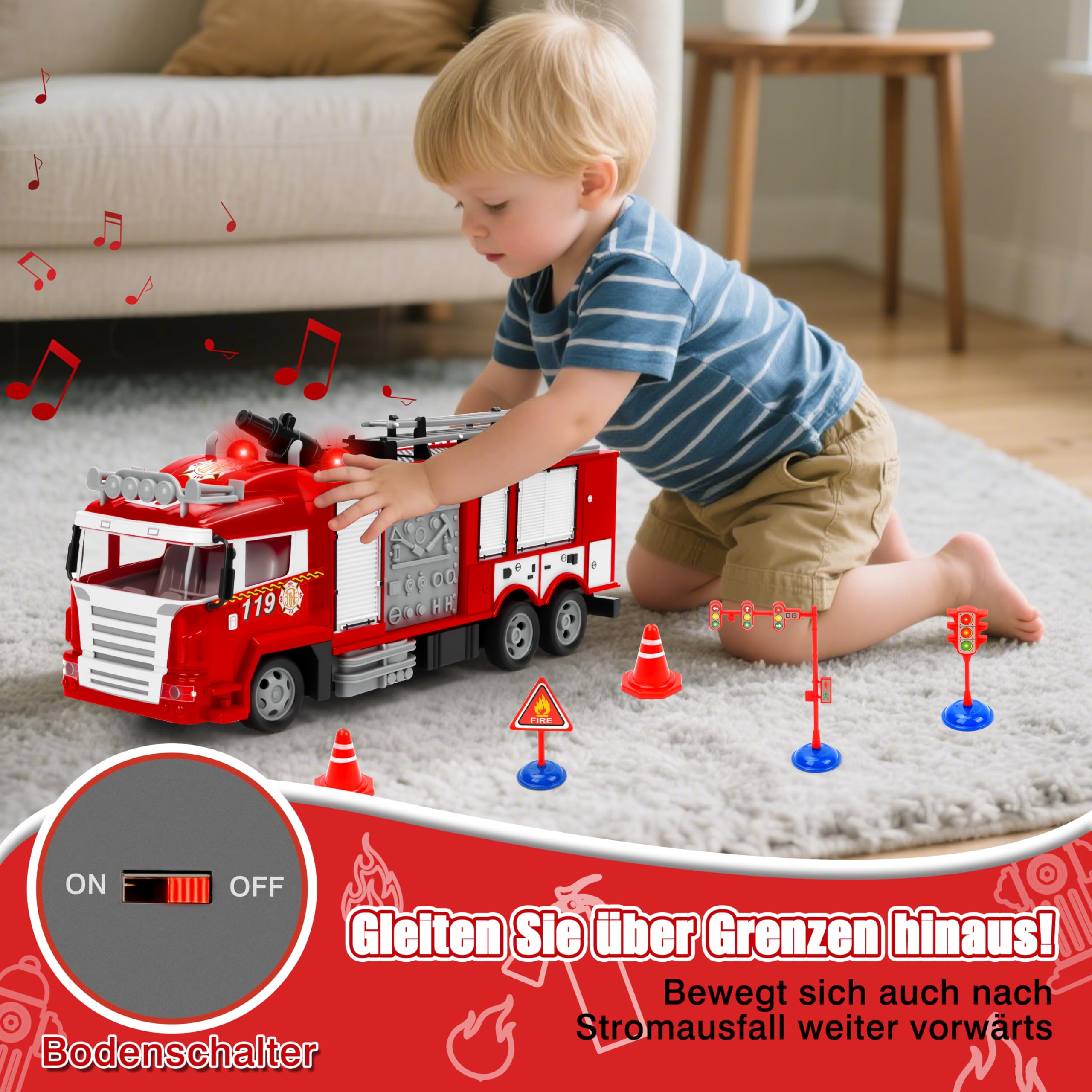 MOMOSTAR Feuerwehrauto Ferngesteuert, 1:18 Feuerwehr Auto mit Licht Sound Wasserspritz, Feuerwehrauto Spielzeug für Kinder ab 3 4 5 6 Jahre, Groß Feuerwehr Spielzeugauto Geschenk für Junge