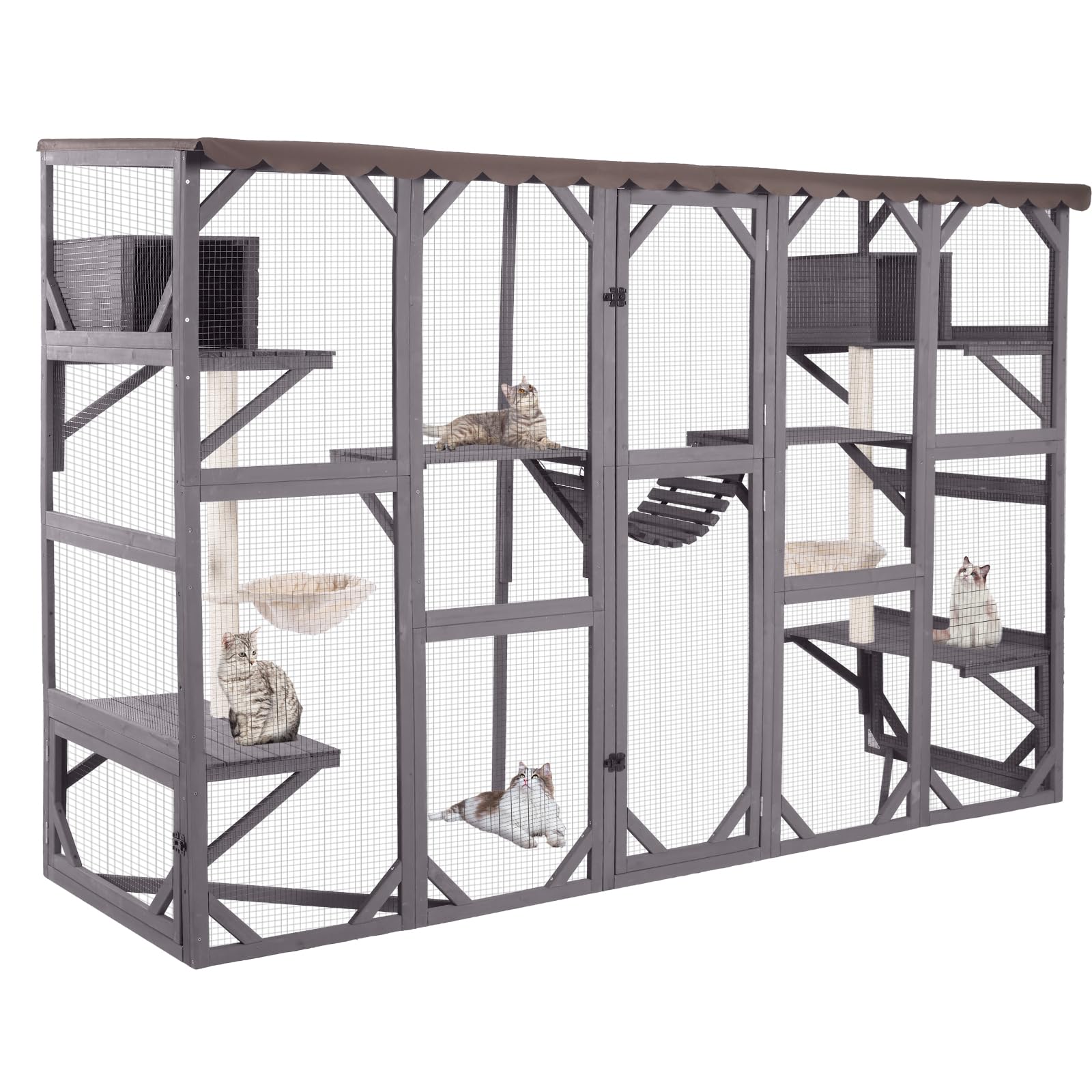 Aivituvin Catio Outdoor Cat Enclosure Window Box Wall Mounted Wooden Cat House Playground with Scratching Posts, Baskets, Resting House, Shelves and Bridge for Multiple Kitties,104" x 34" x 69.5"