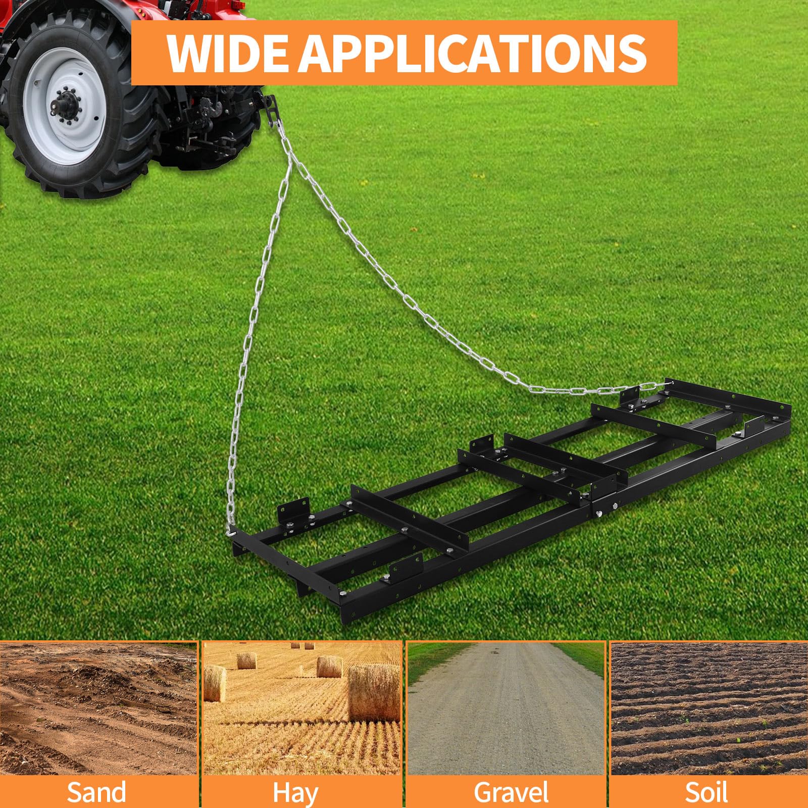 Remolque resistente detrás del rastrillo de césped y nivelador de tierra para grava, suelo, heno, compatible con ATV, UTV, tractor, cortacésped