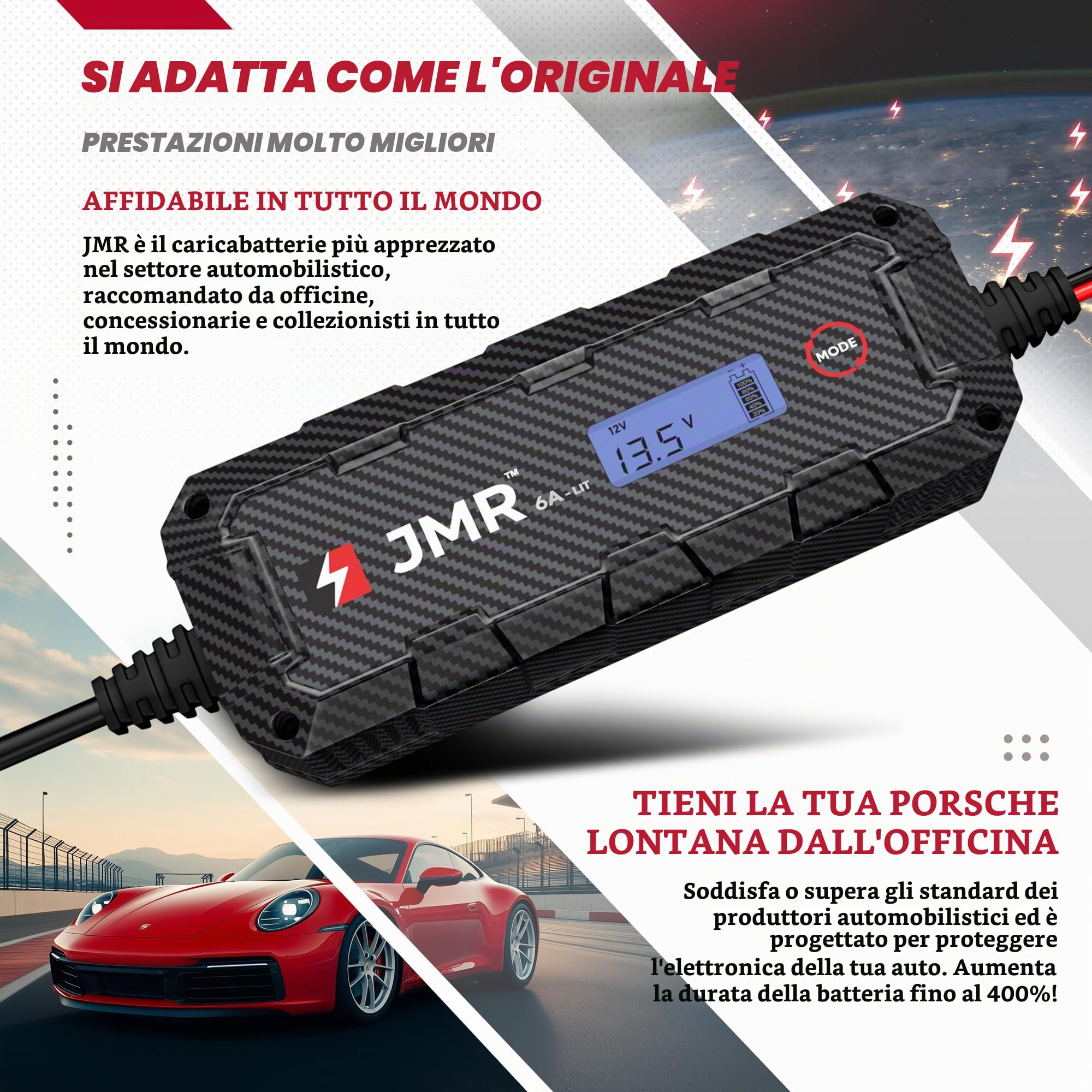 JMR Battery Charger for Porsche 911 Panamera Cayenne Macan Cayman 718 Boxter All Models Trickle Charger Conditioner Maintainer (Add Lithium Mode)