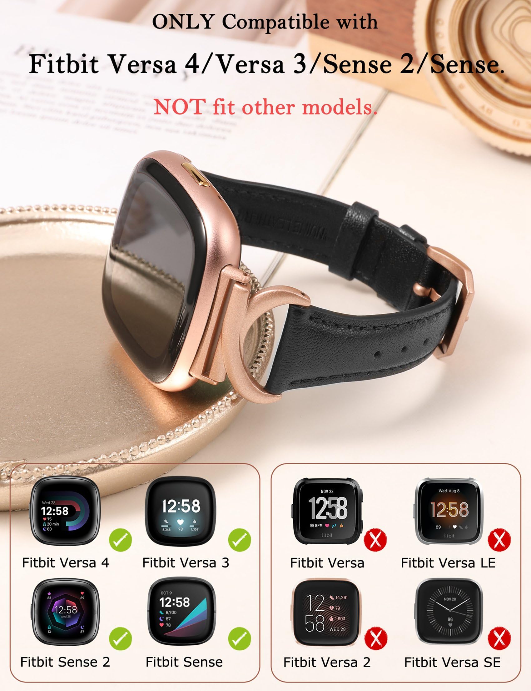 TOYOUTHS Leather Strap Compatible with Fitbit Versa 4/Versa 3/Sense 2 Women Slim Thin Dressy Elegant Premium Leather Strap with C-Shaped Metal Buckle for Versa 4 - Image 2