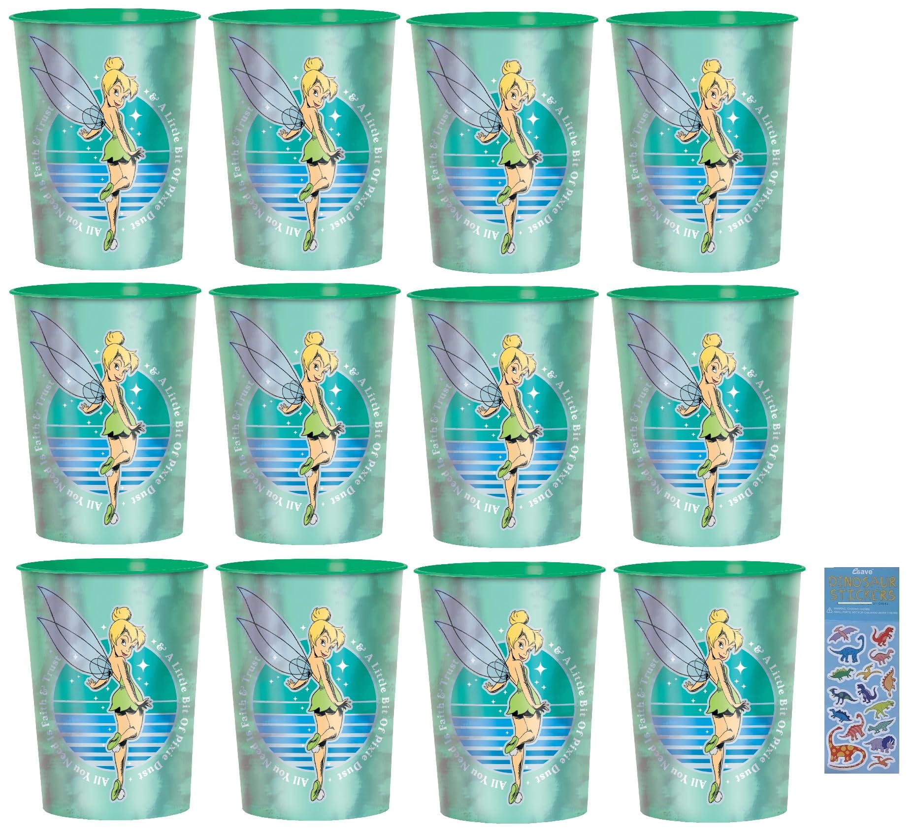 amscan Disney Tinkerbell Birthday Party Supplies Bundle includes 12 Plastic Reusable Cups 16oz and 1 Dinosaur Sticker Sheet