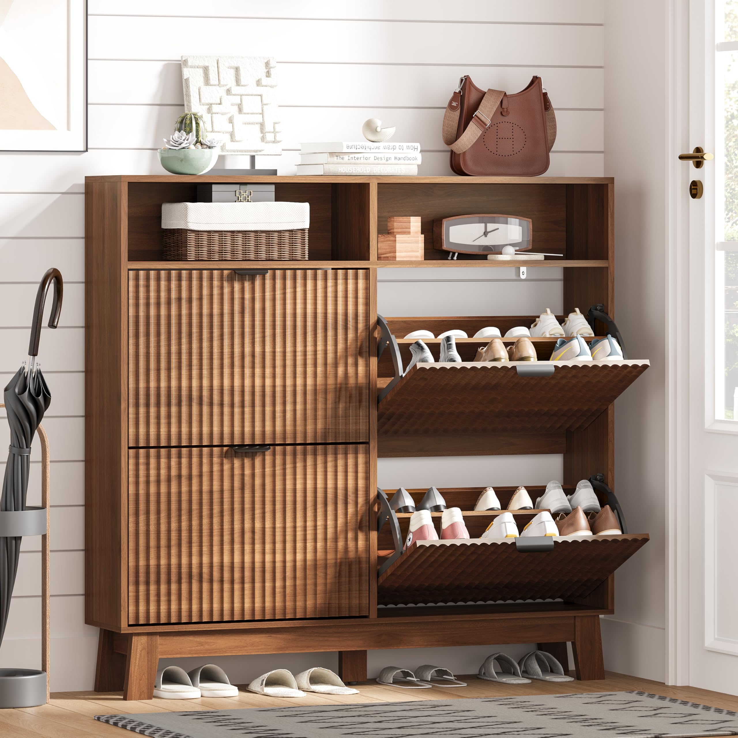 Shoe Cabinet Storage for Entryway with 4 Flip Drawers &amp; Cubby, Walnut