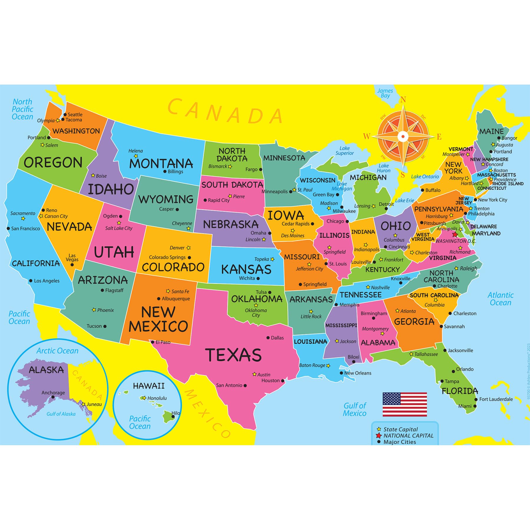 Ashley Productions Placemat Studio Smart Poly USA Map Learning Placemat, 13" x 19", Single Sided, Pack of 10