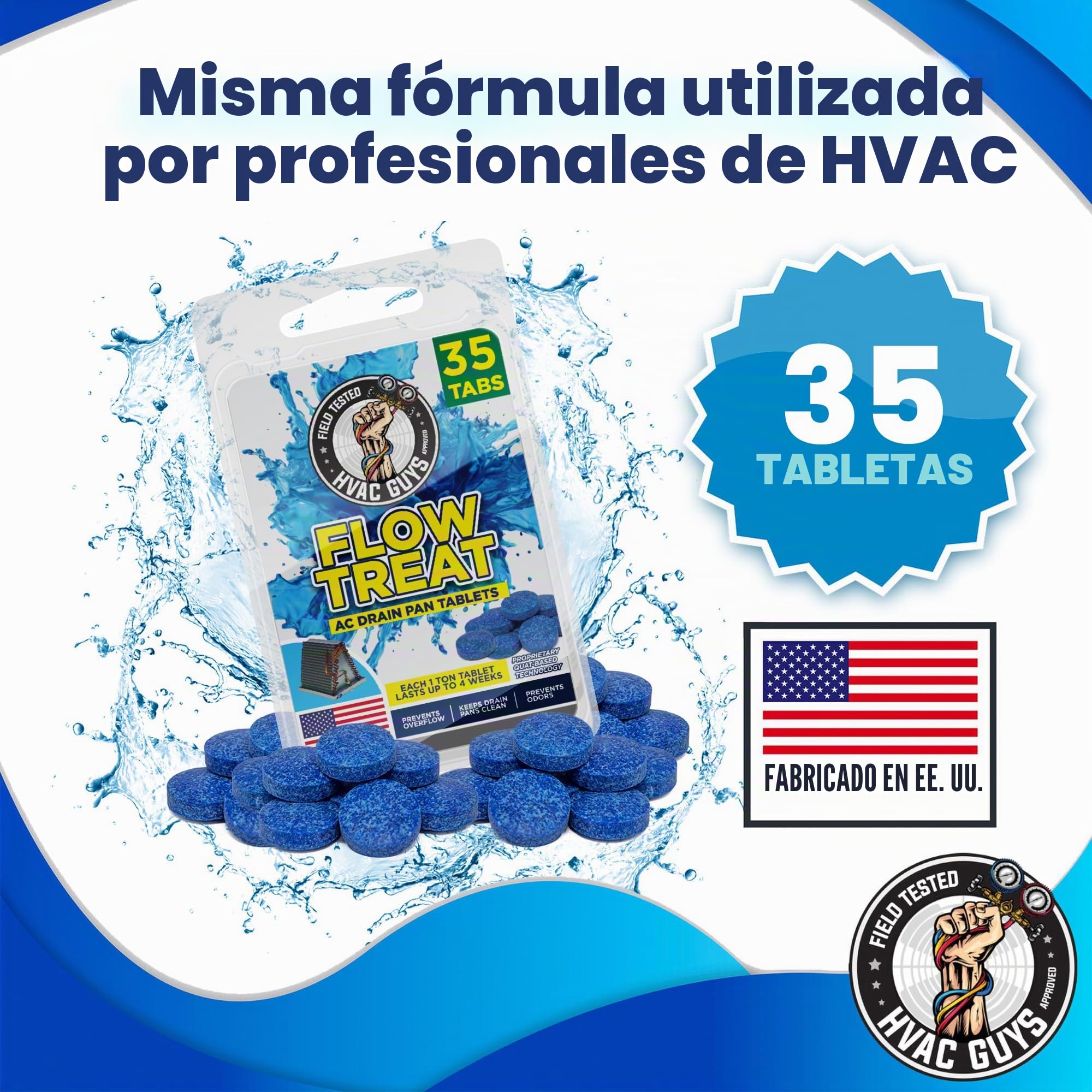 HVAC Guys Pastillas de drenaje de aire acondicionado, 35 unidades, tabletas de tratamiento de flujo evitan olores, mantienen la bandeja de drenaje HVAC limpia, evita el desbordamiento, una tableta